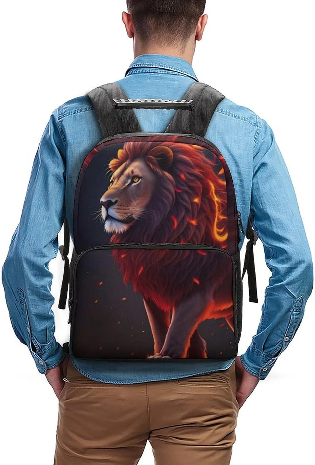 Polyester Daypack for Hiking Work Running - Big Capacity Anti-Theft Multipurpose Shoulder Bag, Cool Lion Fire Surreal Style Art Travel and Sport Backpack Rucksack