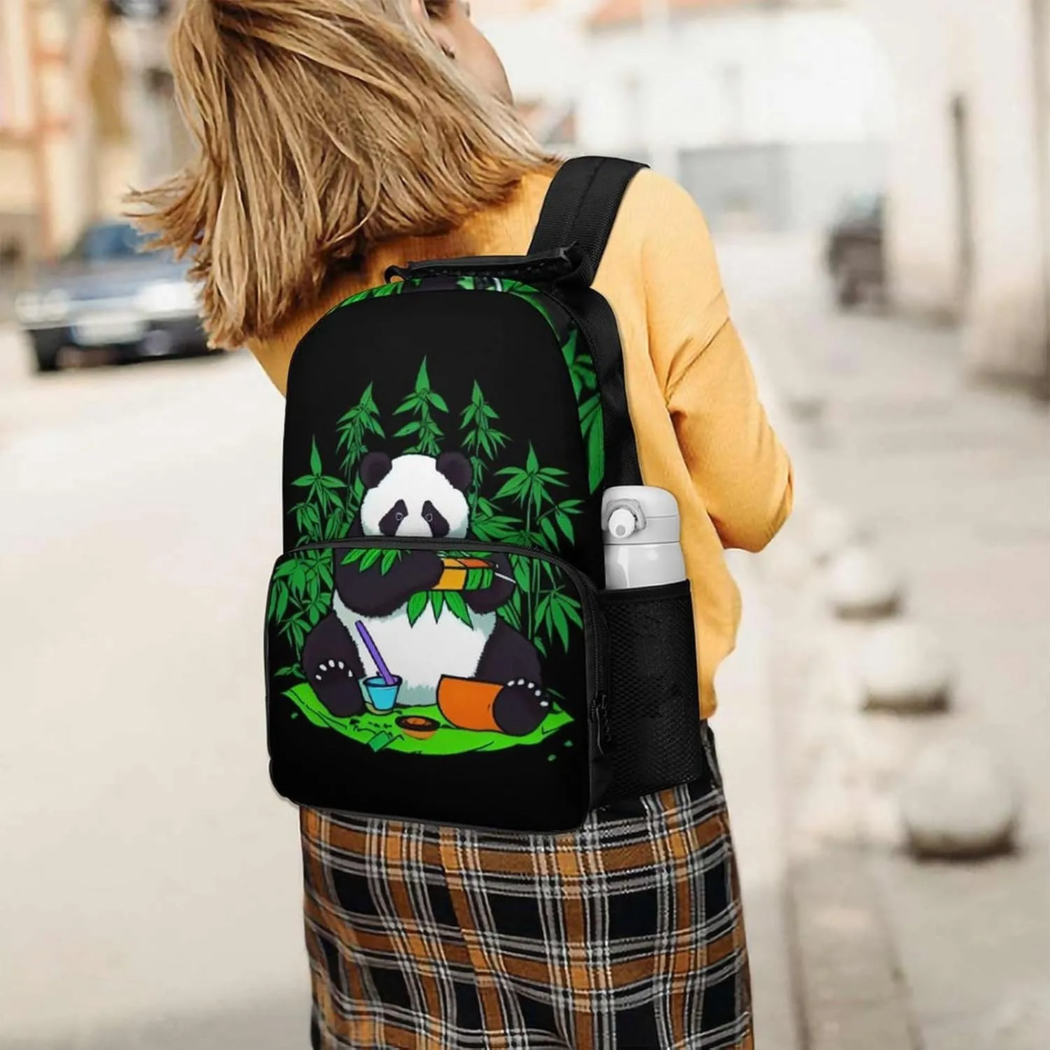Polyester Daypack for Hiking Work Running - Big Capacity Anti-Theft Multipurpose Shoulder Bag, Hippie Panda Stoner Smoking Marijuanaweed Psychedelic Art Travel and Sport Backpack Rucksack