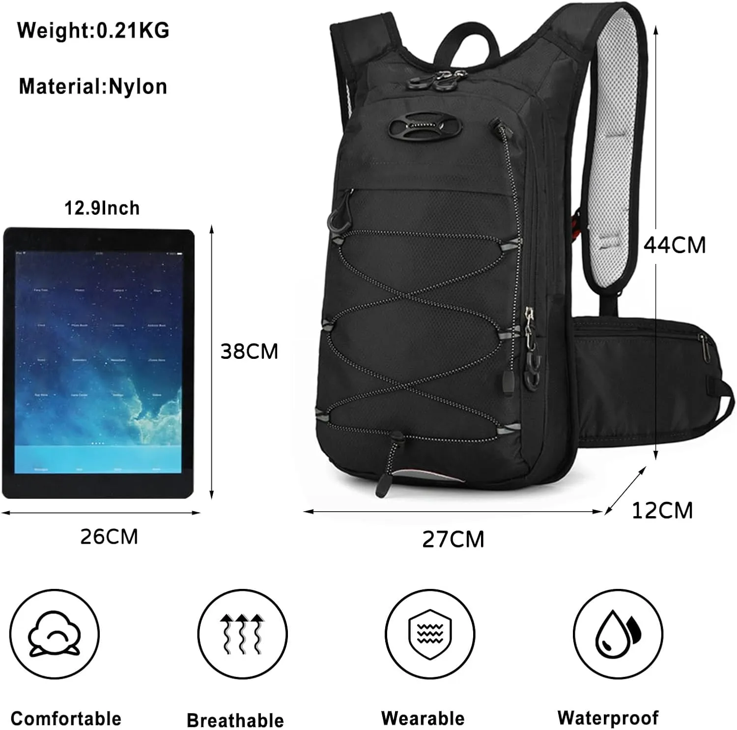 PORRASSO Hiking Backpack 18L Waterproof Daypack Rucksack Lightweight Breathable Backpack for Women Men Trekking Cycling Climbing Outdoor Sports Black