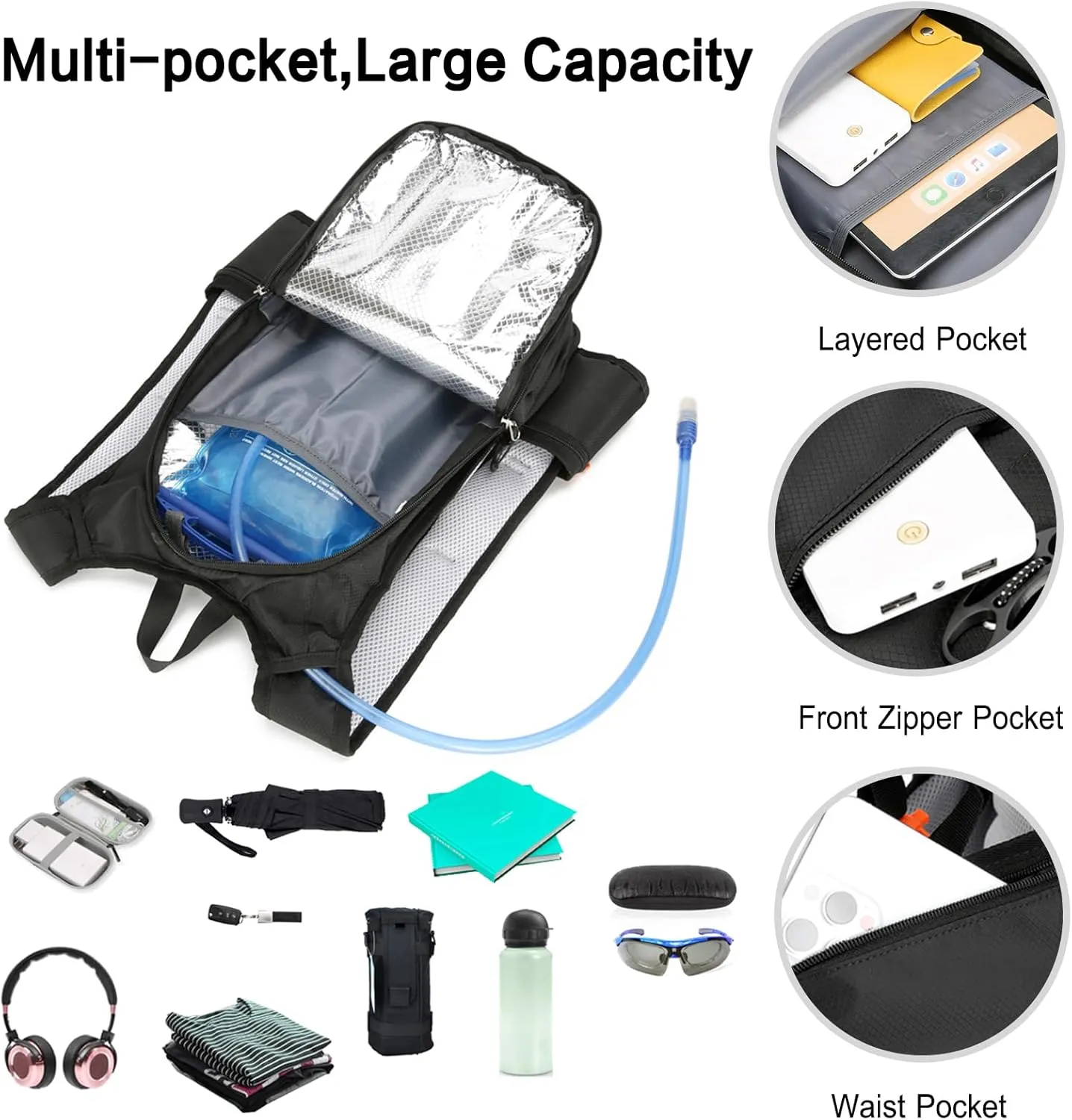 PORRASSO Hiking Backpack 18L Waterproof Daypack Rucksack Lightweight Breathable Backpack for Women Men Trekking Cycling Climbing Outdoor Sports Black