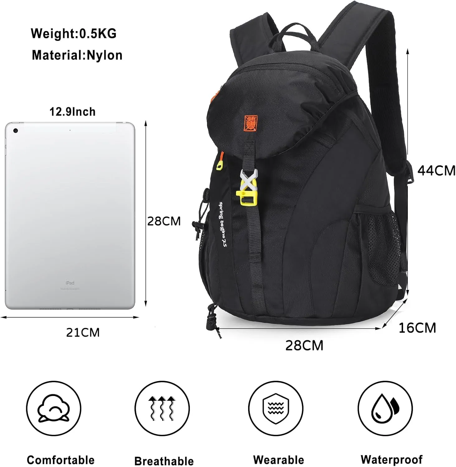 PORRASSO Hiking Backpack Waterproof Daypack 25L Rucksack Lightweight Backpack for Women Men Trekking Cycling Climbing Outdoor Sports Black