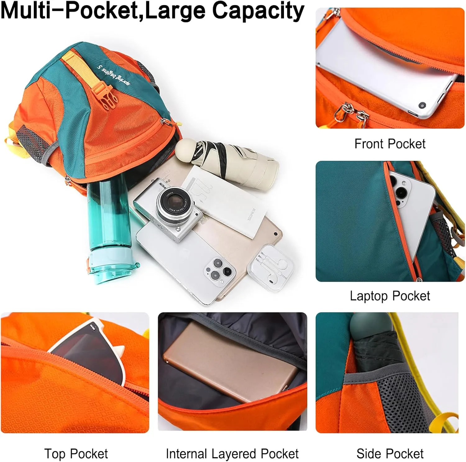 PORRASSO Hiking Backpack Waterproof Daypack 25L Rucksack Lightweight Backpack for Women Men Trekking Cycling Climbing Outdoor Sports Blue