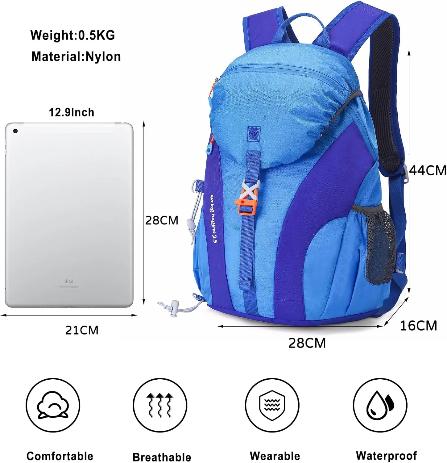 PORRASSO Hiking Backpack Waterproof Daypack 25L Rucksack Lightweight Backpack for Women Men Trekking Cycling Climbing Outdoor Sports Blue