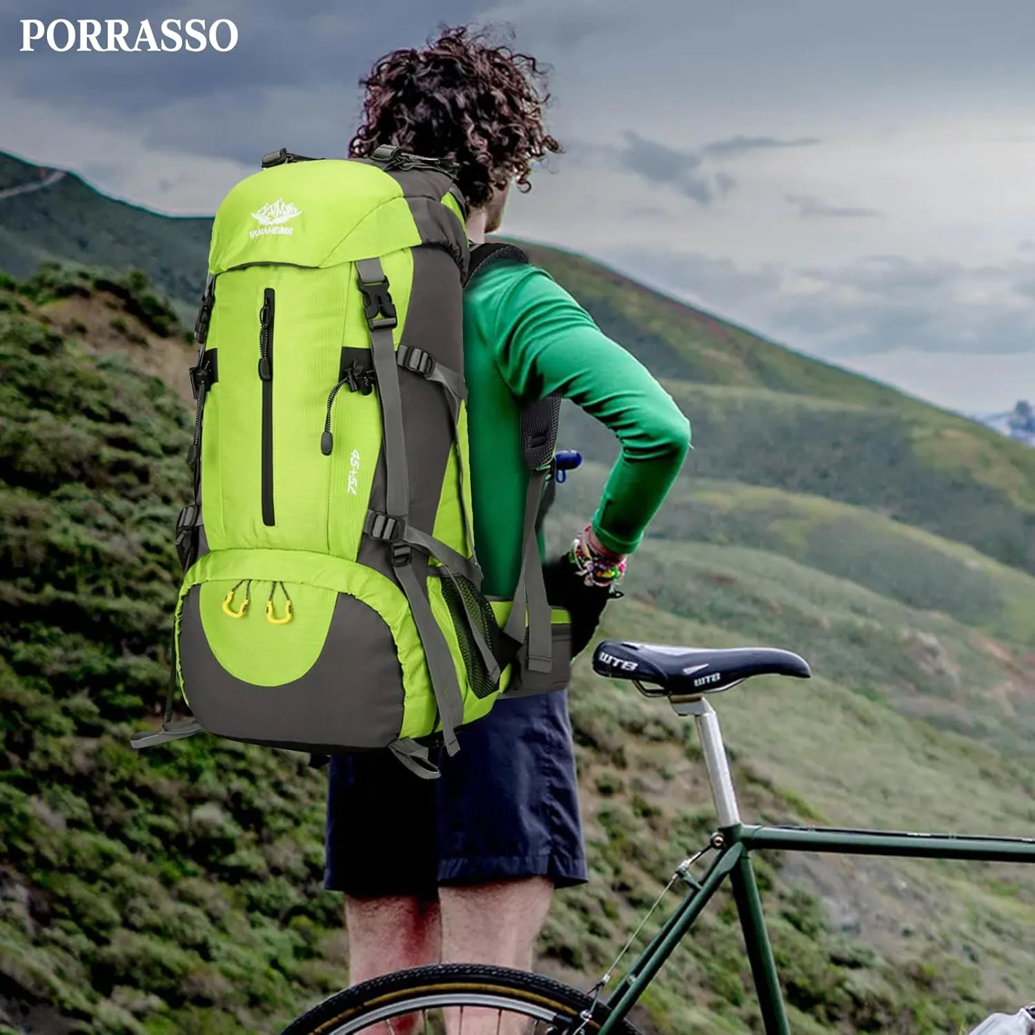 PORRASSO Hiking Backpack Waterproof Daypack 50L Rucksack with Rain Cover Backpack for Travel Trekking Camping Climbing Outdoor Sports Green