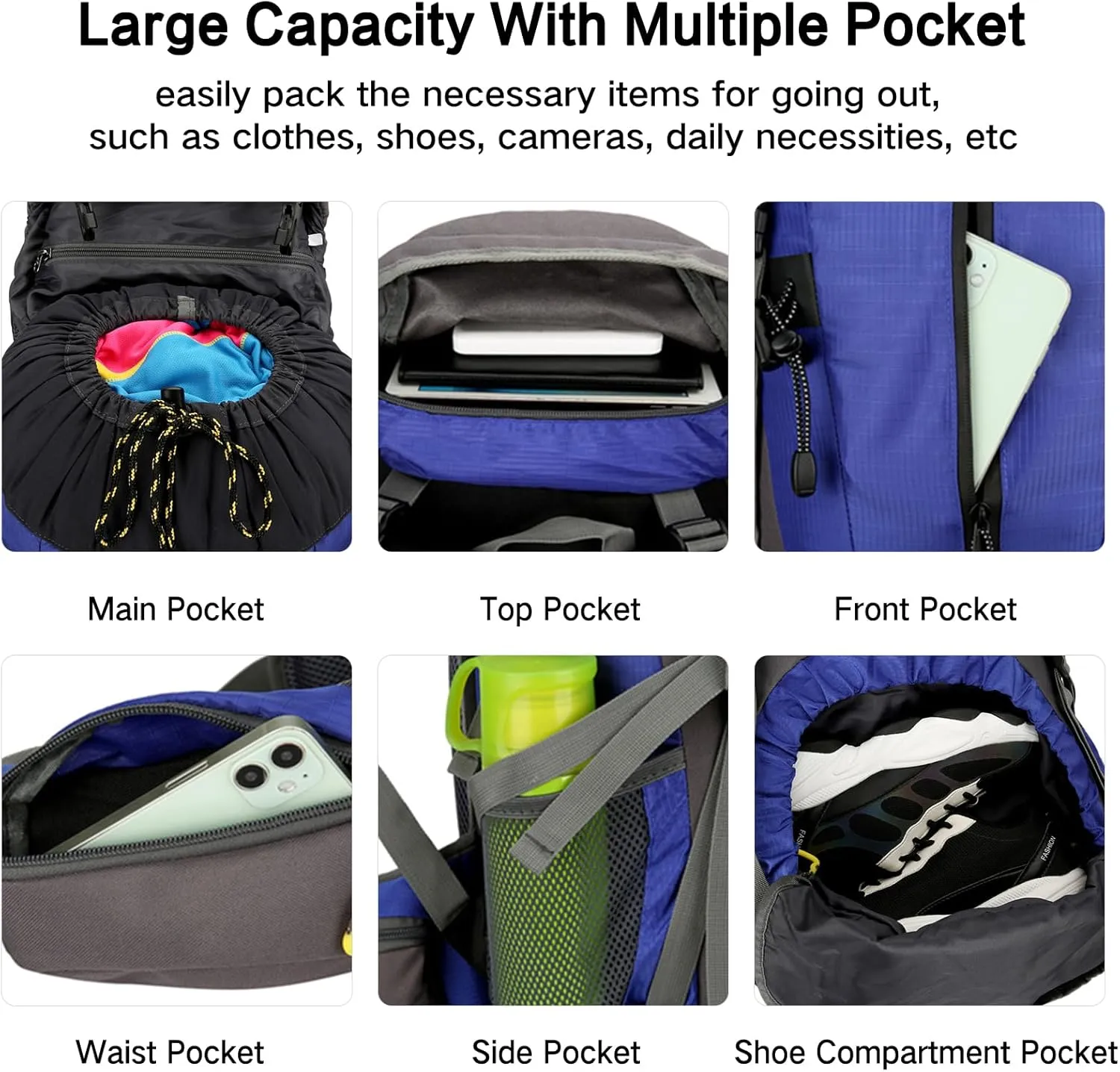 PORRASSO Hiking Backpack Waterproof Daypack 50L Rucksack with Rain Cover Backpack for Travel Trekking Camping Climbing Outdoor Sports Green