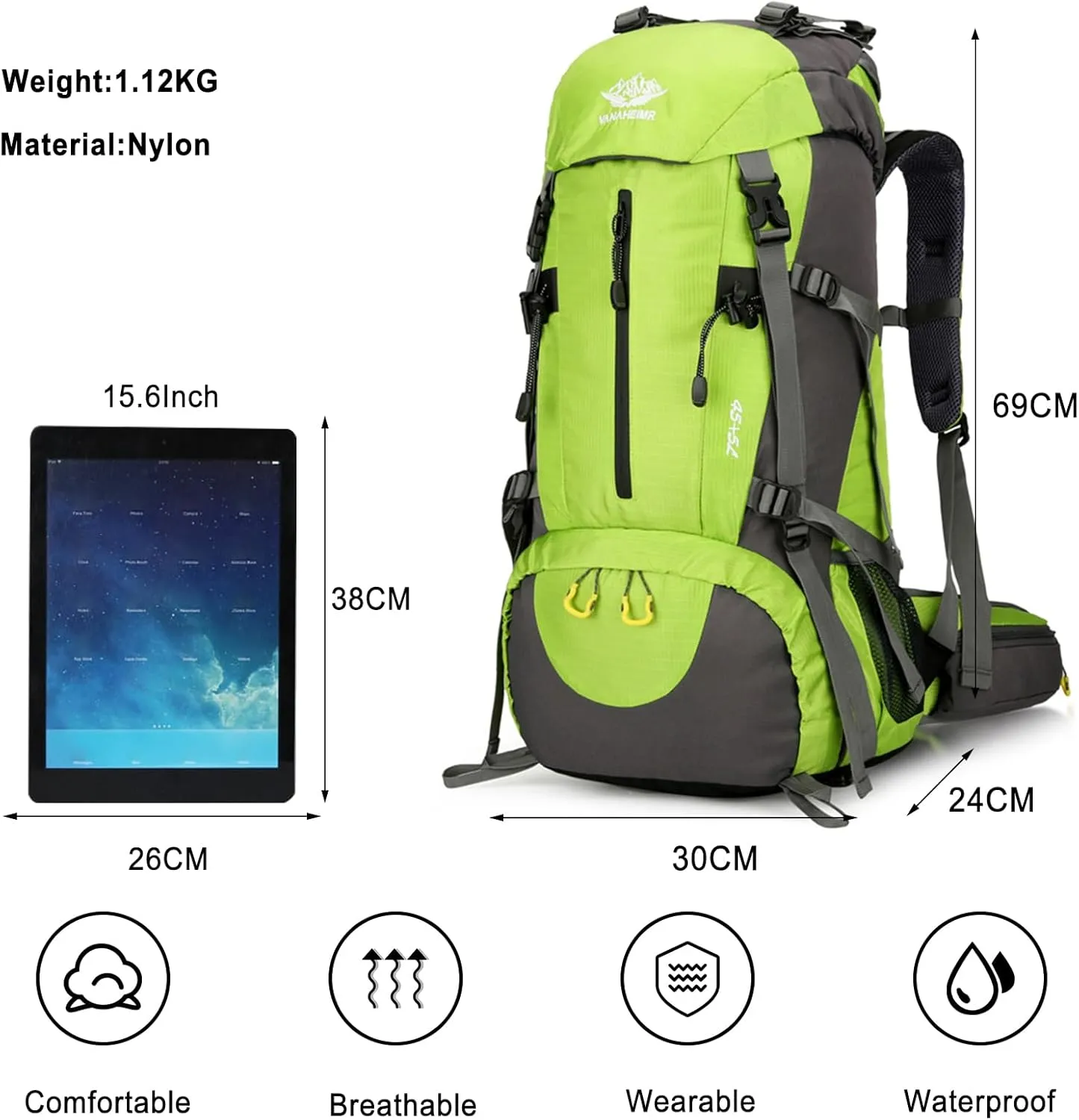 PORRASSO Hiking Backpack Waterproof Daypack 50L Rucksack with Rain Cover Backpack for Travel Trekking Camping Climbing Outdoor Sports Green
