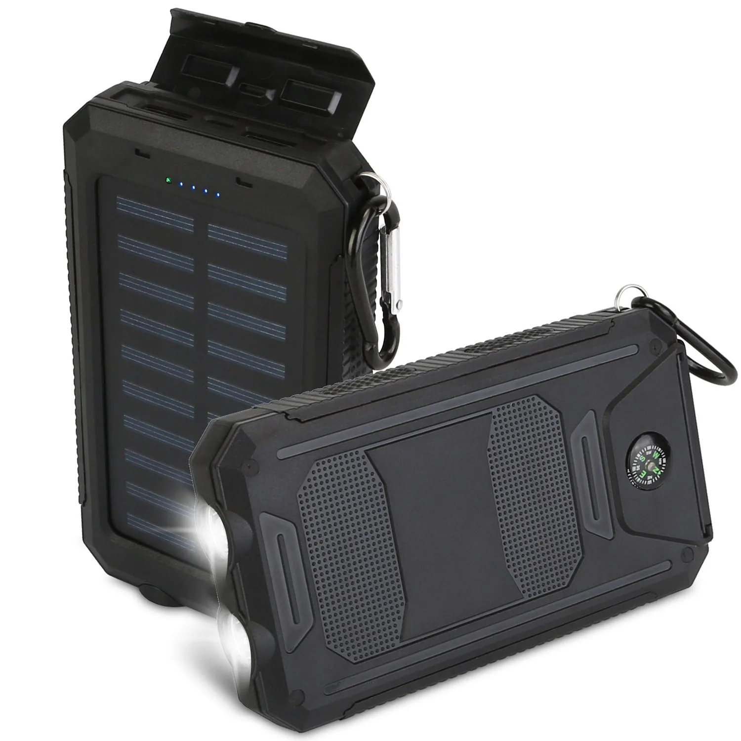 Portable 10000mAh Solar Charger Power Bank for Camping with Dual USB Ports, Battery Indicators, SOS LED Lights & Built-in Compass