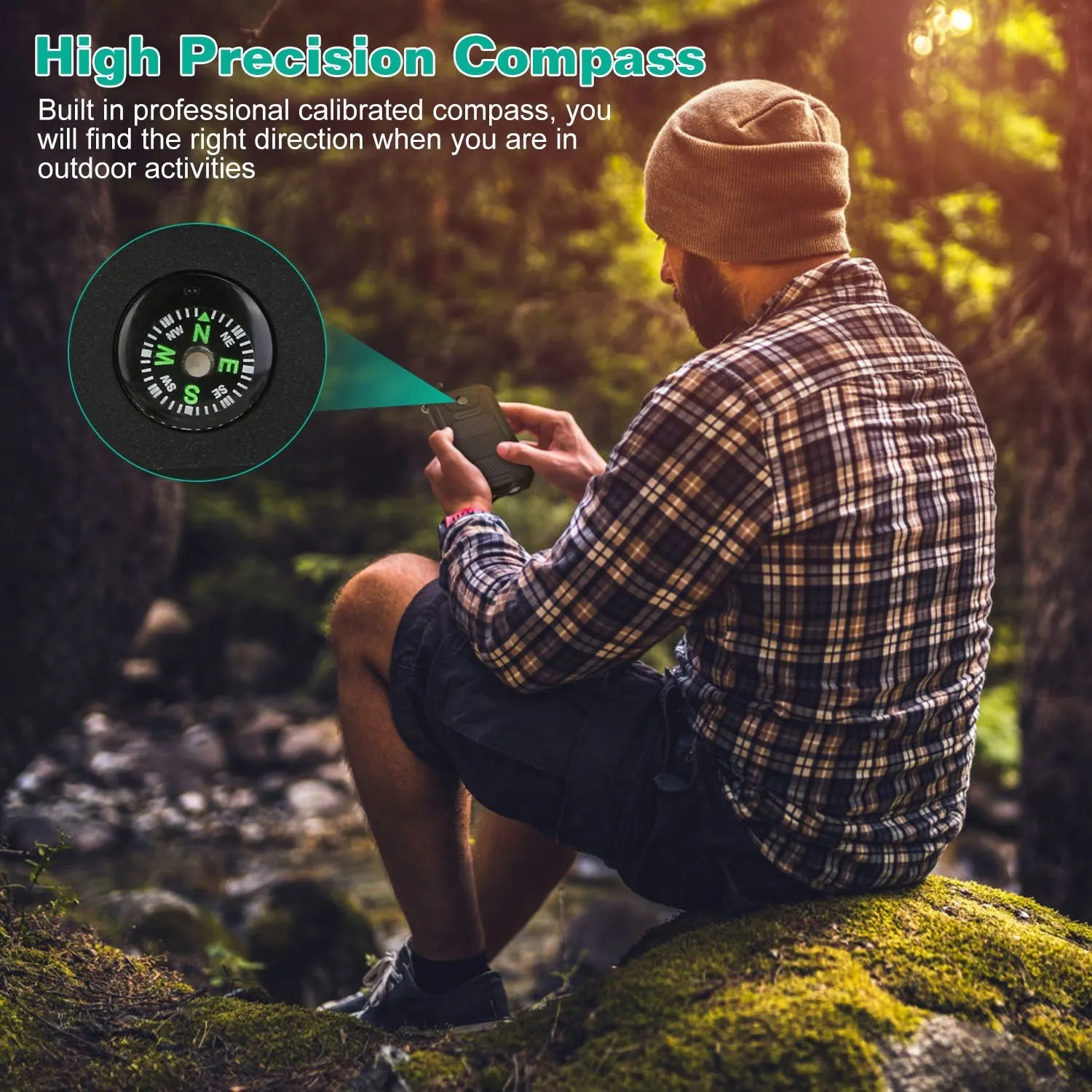 Portable 10000mAh Solar Charger Power Bank for Camping with Dual USB Ports, Battery Indicators, SOS LED Lights & Built-in Compass