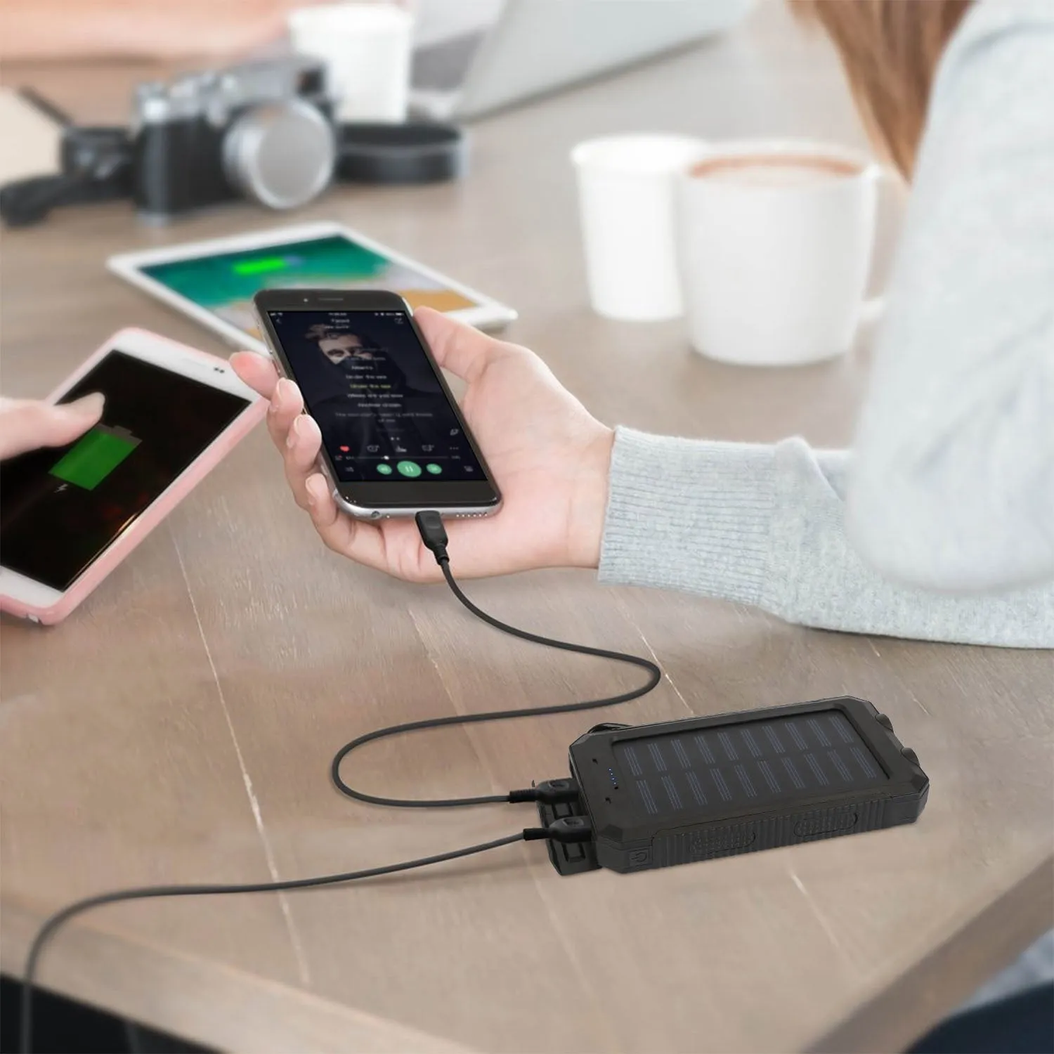 Portable 10000mAh Solar Charger Power Bank for Camping with Dual USB Ports, Battery Indicators, SOS LED Lights & Built-in Compass