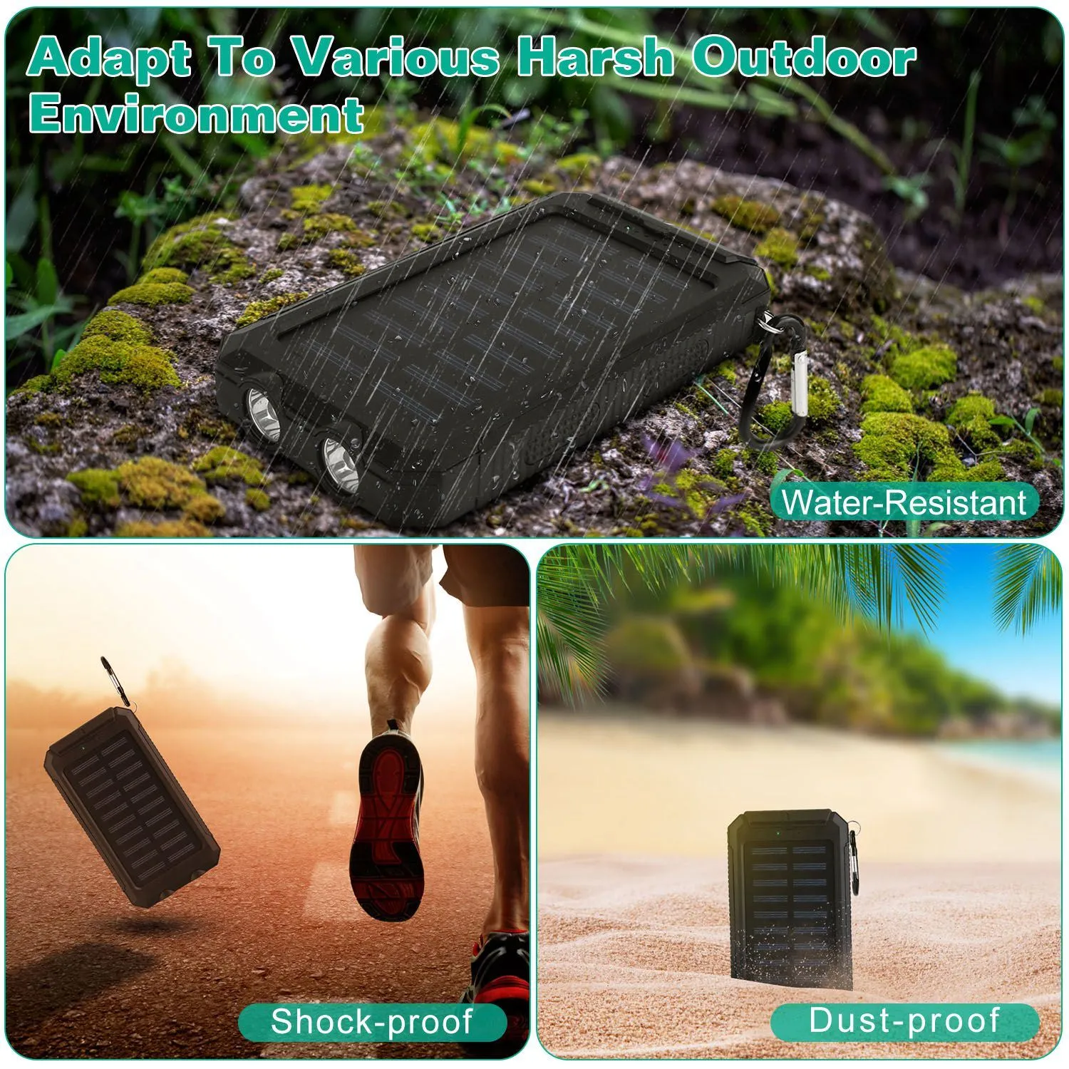 Portable 10000mAh Solar Charger Power Bank for Camping with Dual USB Ports, Battery Indicators, SOS LED Lights & Built-in Compass