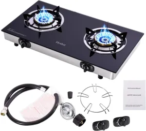 Portable 2 Burner Propane Stove Gas Cooktop, 28600 BTU Tempered Glass Auto Ignition for Outdoor Kitchen, Camping, RV, Small Apartment