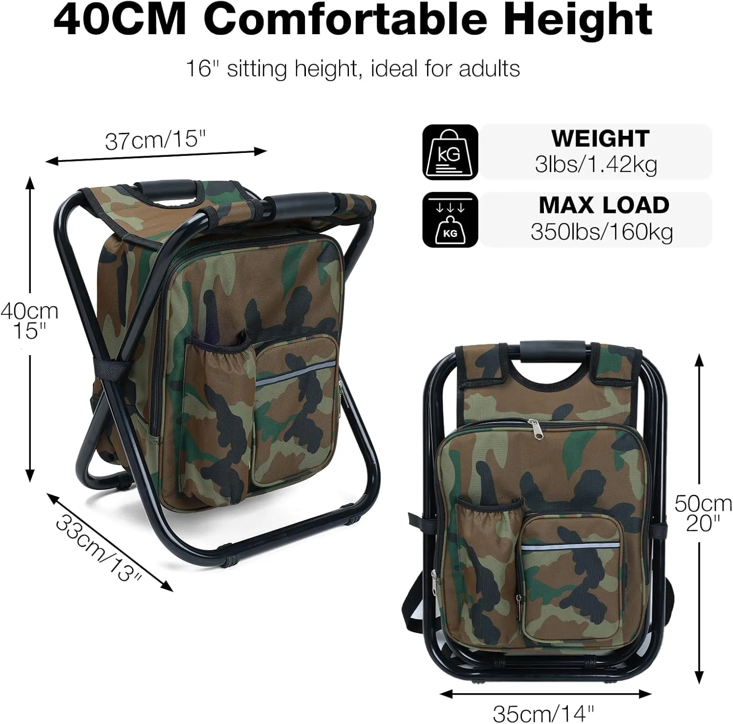 Portable Backpack Stool, Lightweight Folding Cooler Chair Camp Stool with 15L Integrated Cooler Bag for Adults Heavy Duty 350lbs, Foldable Foot Rest for Travel Fishing Camping Hiking