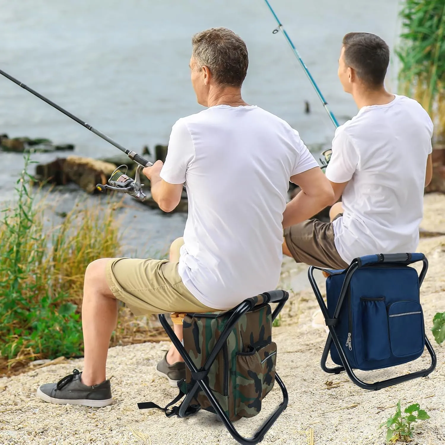 Portable Backpack Stool, Lightweight Folding Cooler Chair Camp Stool with 15L Integrated Cooler Bag for Adults Heavy Duty 350lbs, Foldable Foot Rest for Travel Fishing Camping Hiking