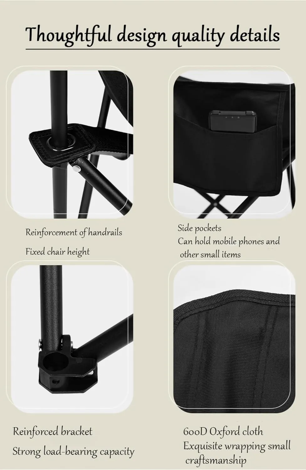 Portable Camp Chairs for Adults, Sturdy and Durable Camp Chairwith Carry Bag, Lightweight Camping Chairs for Beach Garden, Terrace (Color : Black)