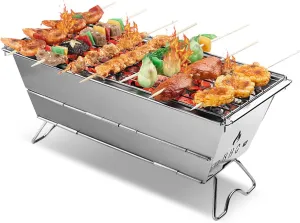 Portable Camping BBQ Grill Stainless Steel Folding Charcoal Backpacking Stove with Storage Buckle Sunken Charcoal Trough for Outdoor Cooking Gathering
