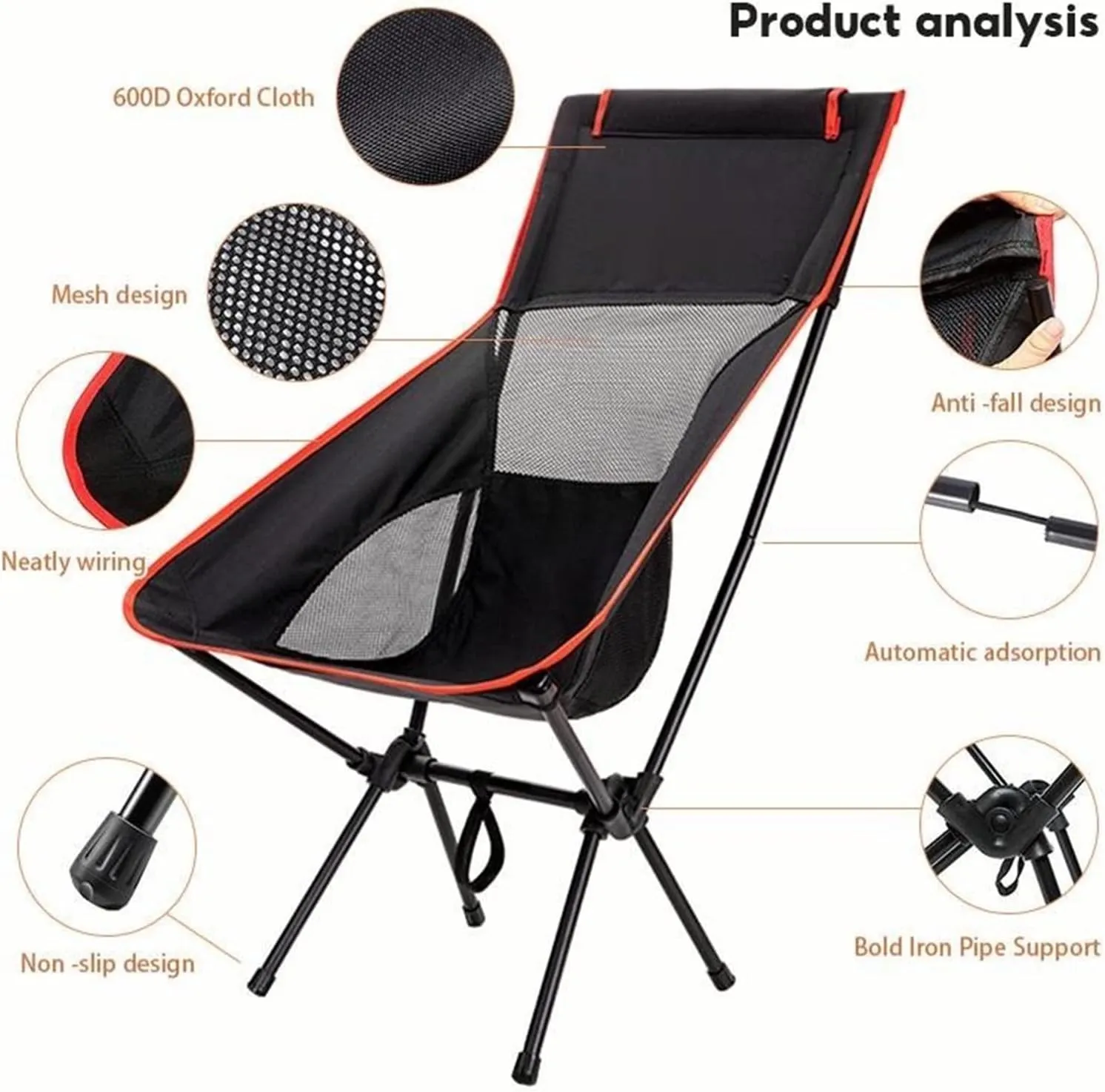 Portable Camping Chair Folding Backpacking Chair Lightweight Outdoor Camp Chair with Storage Bag,Beach Chair with Pillow for Travel,Sports,Picnic,Hiking, Backpacking (Black)