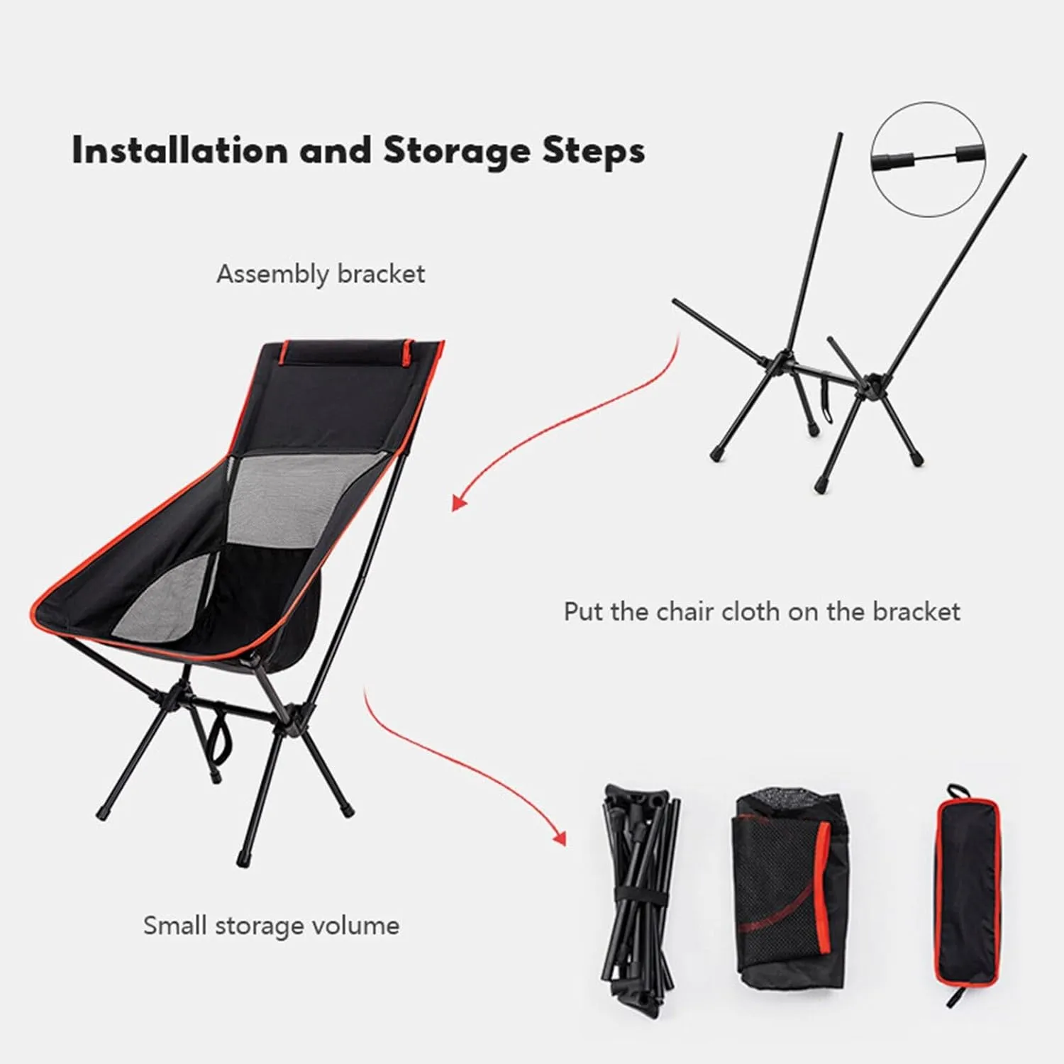 Portable Camping Chair Folding Backpacking Chair Lightweight Outdoor Camp Chair with Storage Bag,Beach Chair with Pillow for Travel,Sports,Picnic,Hiking, Backpacking (Black)