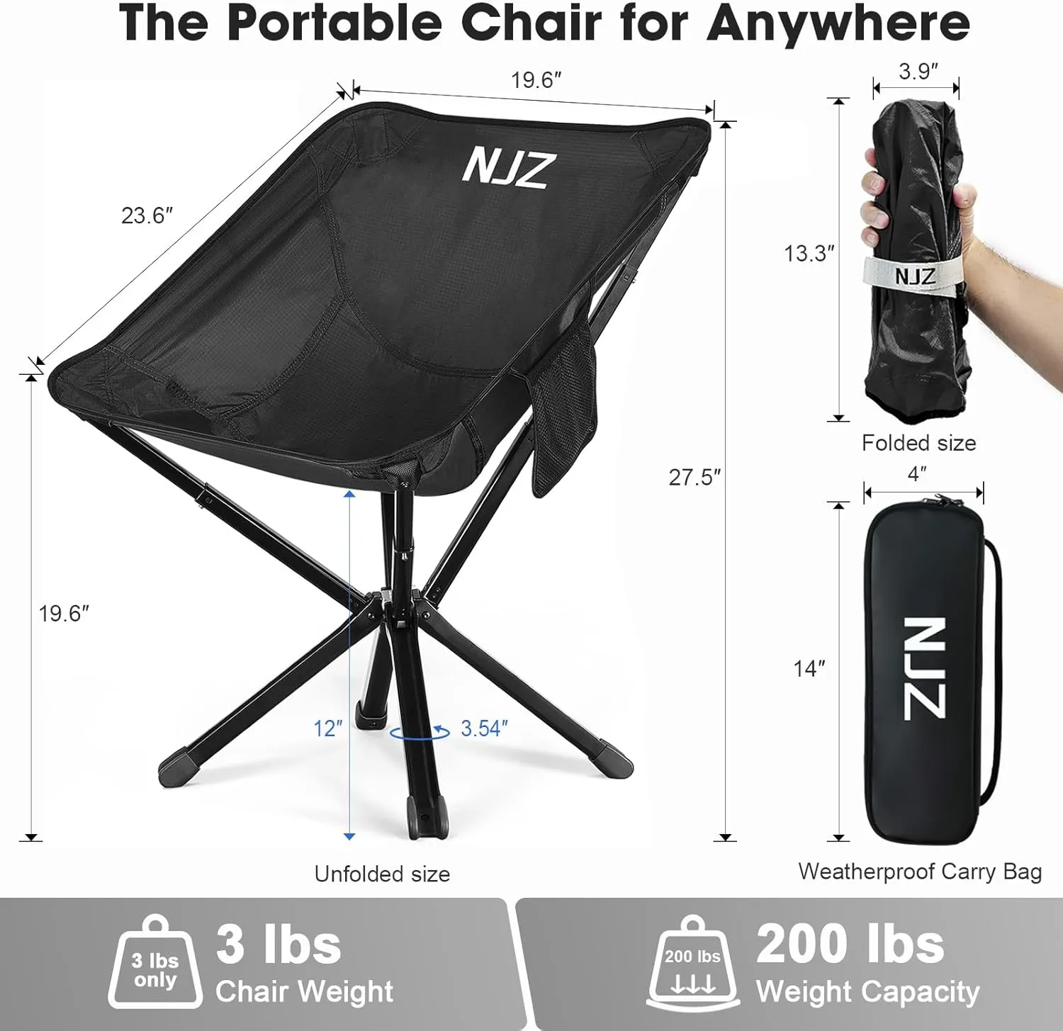 Portable Camping Chair for Adults-200 LBS Supported Folding Camp Chair Lightweight Backpacking Chair for Outdoors Fishing, Hiking, Travel, Picnic, Beach - Black