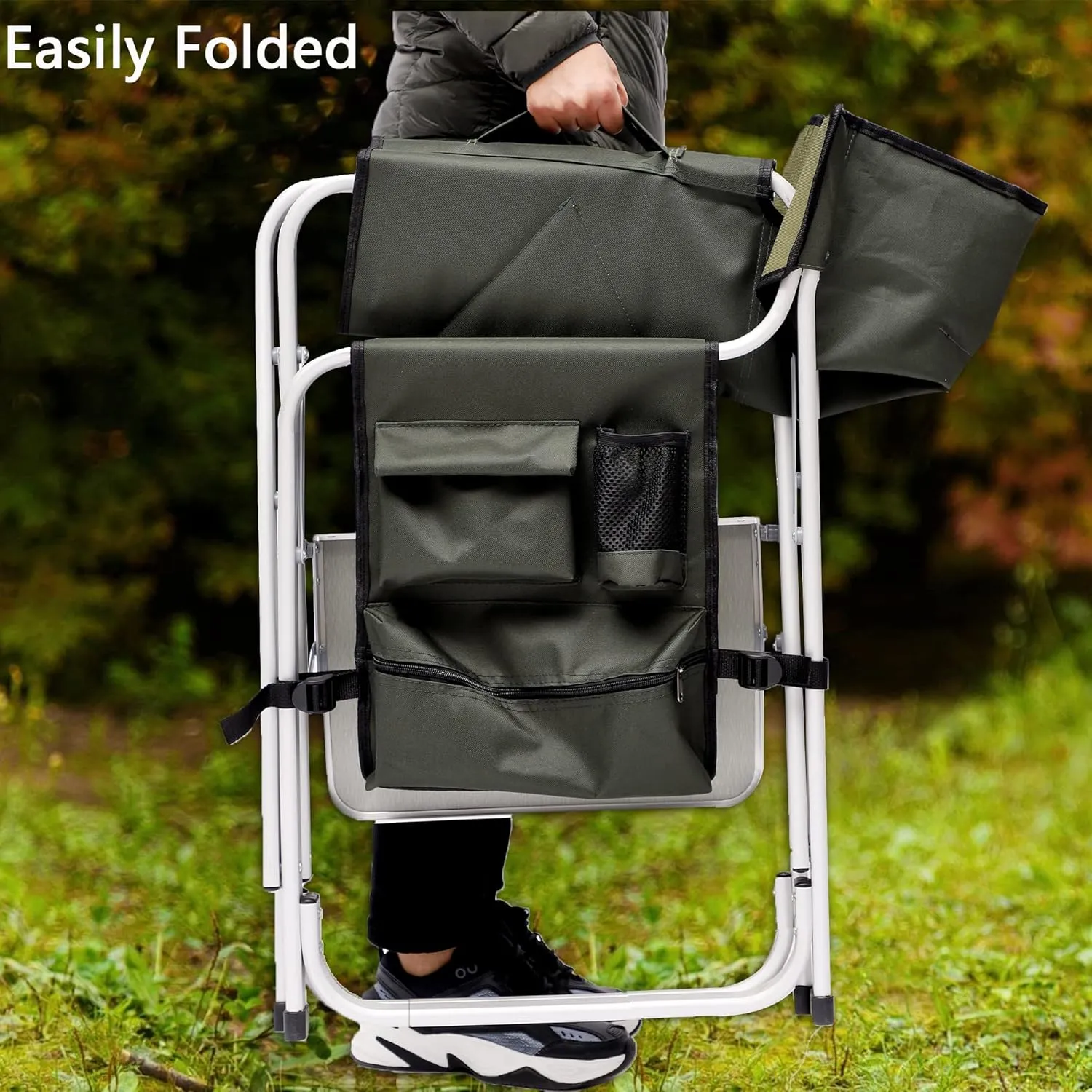 Portable Camping Chairs, 2 Pack Folding Outdoor Chair with Side Table Storage Bag, Beach Lawn Sling Chairs Deck Eazy Chair Oversized Padded for Picnics Fishing, Green