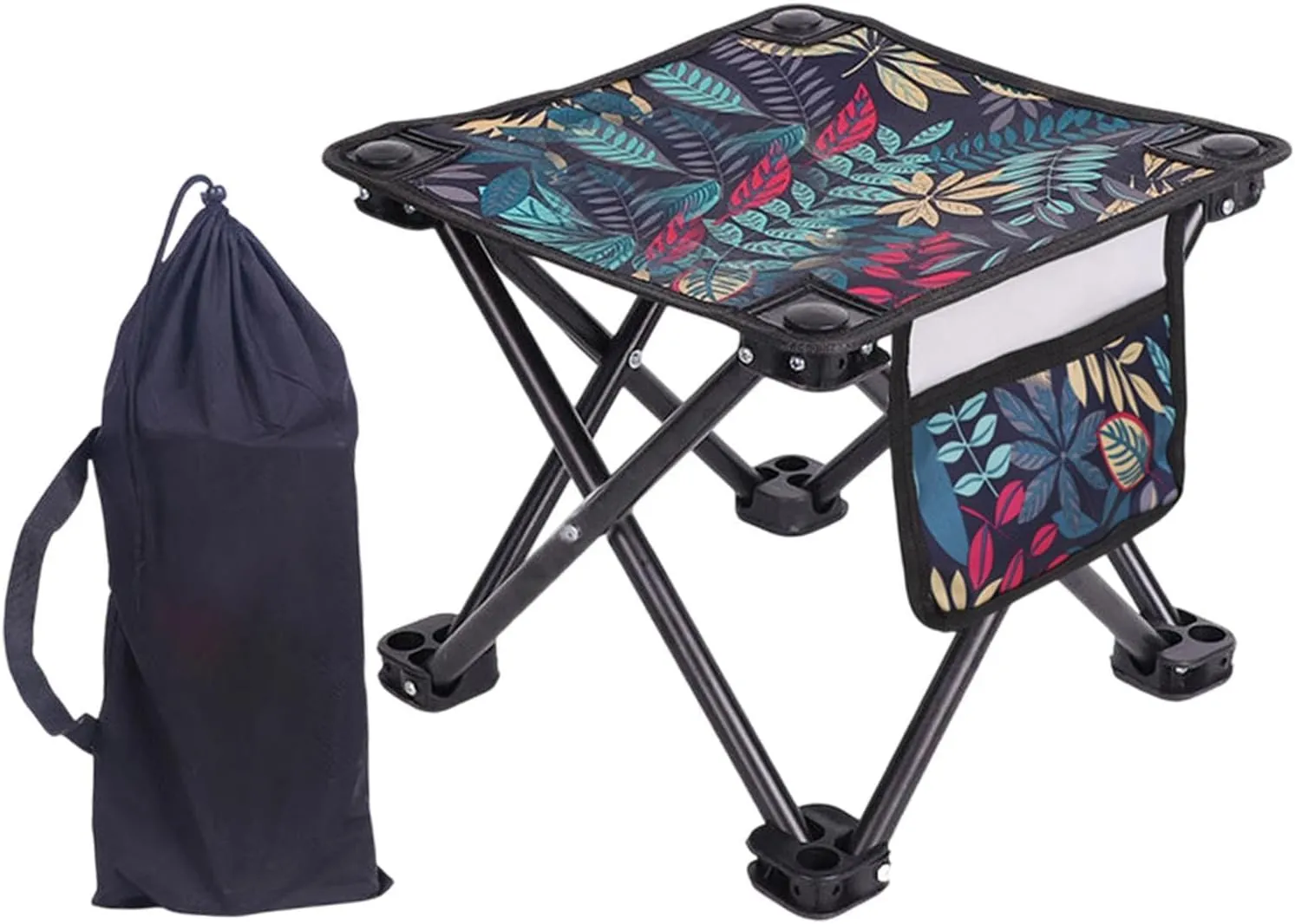 Portable Camping Stool with Side Pocket Mini Folding Stool Lightweight Recliner Foot Rest for Park Patio Travel Hiking