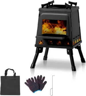 Portable Camping Stove - 10.5x10.5x13.4in Heavy-Duty Steel Foldable Fire Pit, Compact Detachable Design for Backpacking, Hiking & Emergency, Rust-Resistant Outdoor Grill (Black)