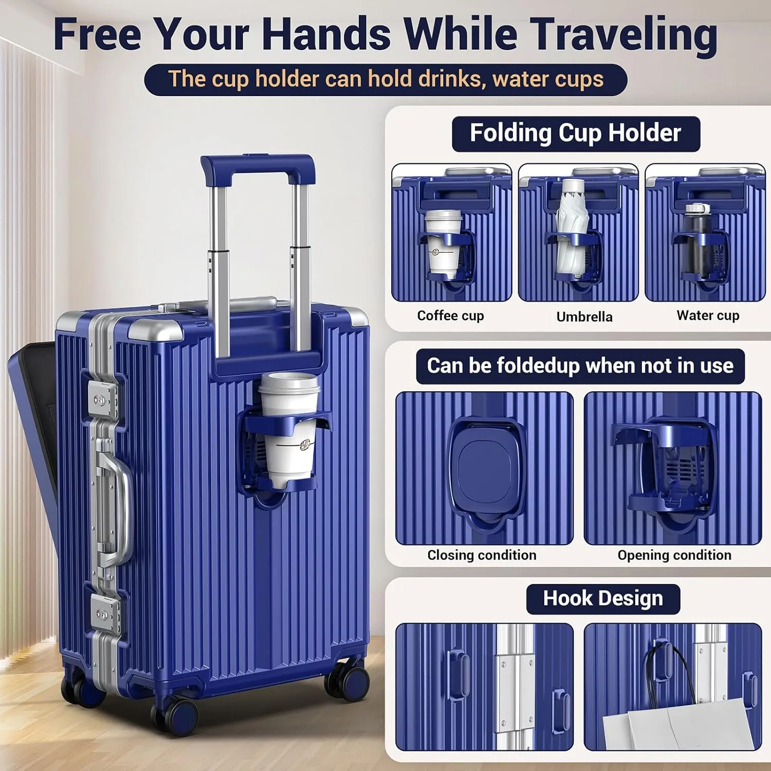 Portable Carry on Luggage Airline Approved, Expandable Luggage with Wheels for Trips, Practical Suitcase with Front Pocket ＆ USB Port.(01-Blue)