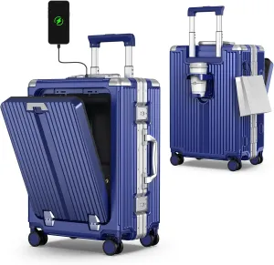 Portable Carry on Luggage Airline Approved, Expandable Luggage with Wheels for Trips, Practical Suitcase with Front Pocket ＆ USB Port.(01-Blue)
