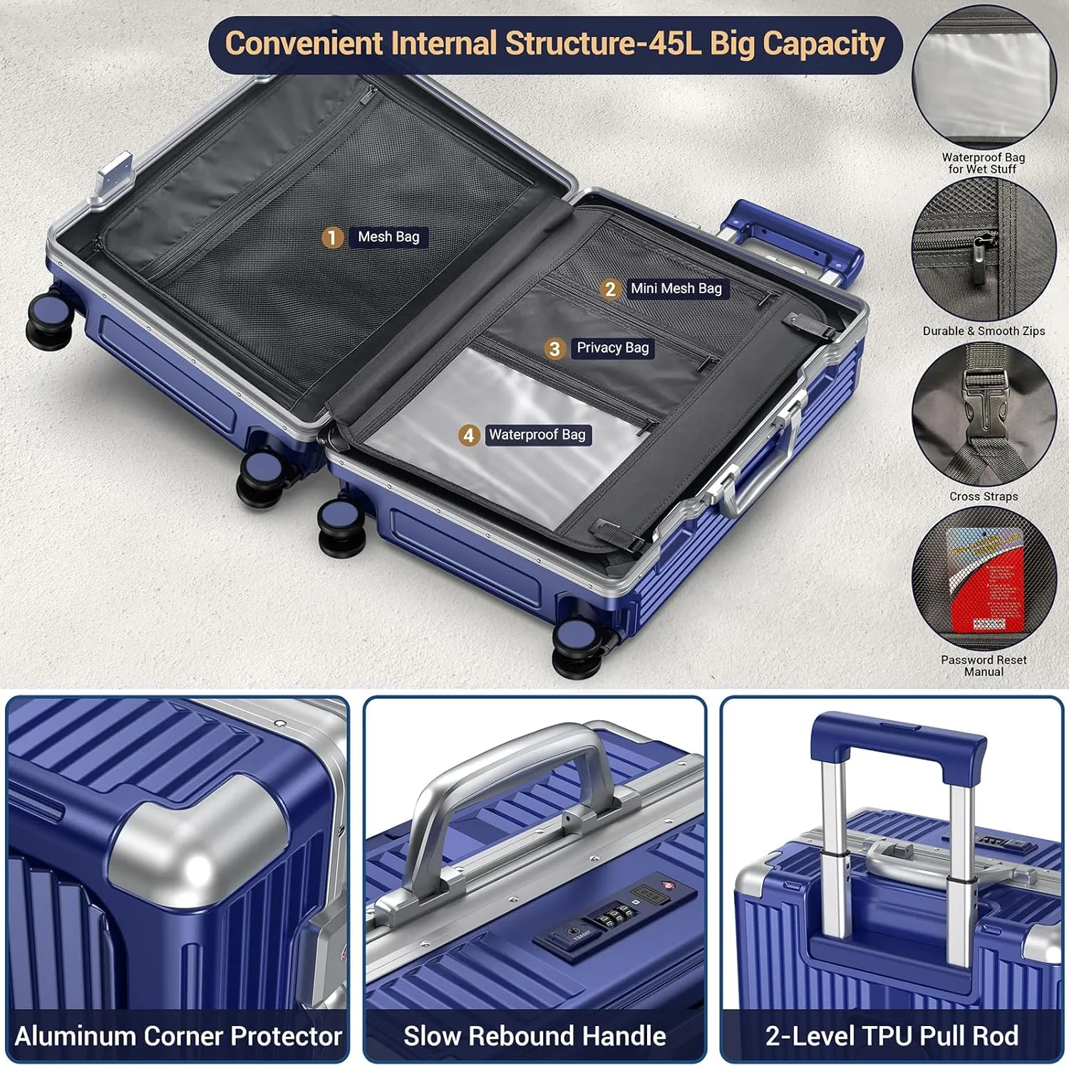 Portable Carry on Luggage Airline Approved, Expandable Luggage with Wheels for Trips, Practical Suitcase with Front Pocket ＆ USB Port.(01-Blue)