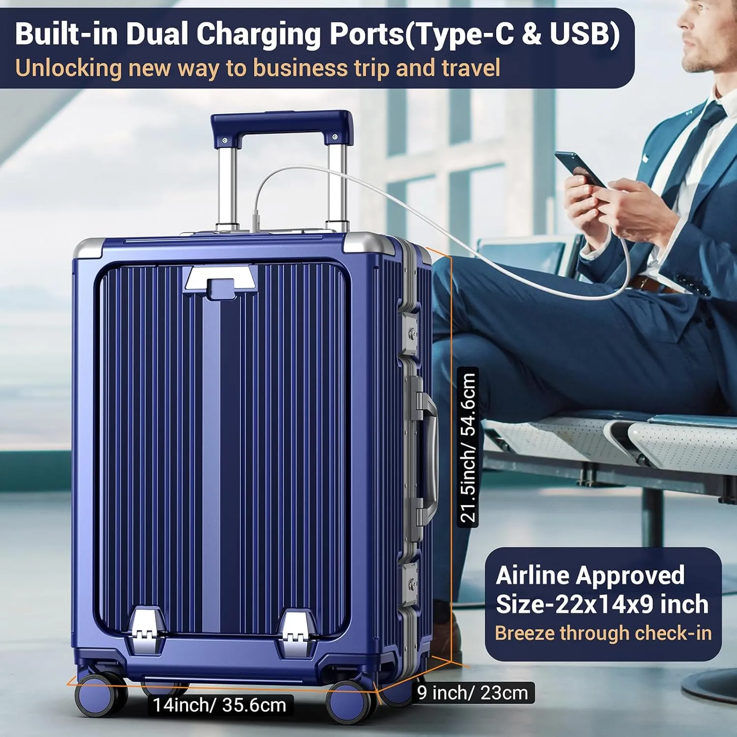Portable Carry on Luggage Airline Approved, Expandable Luggage with Wheels for Trips, Practical Suitcase with Front Pocket ＆ USB Port.(01-Blue)