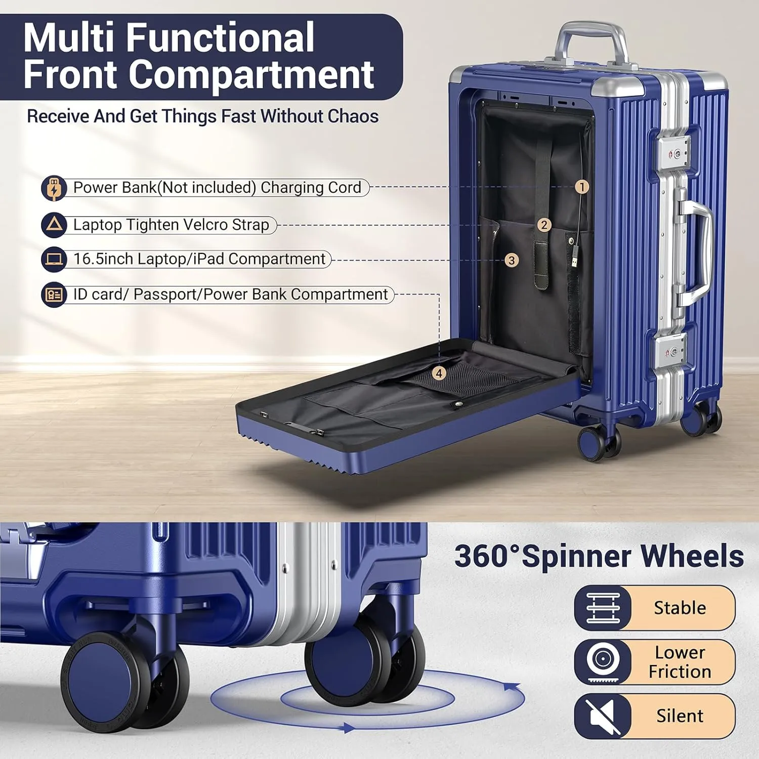 Portable Carry on Luggage Airline Approved, Expandable Luggage with Wheels for Trips, Practical Suitcase with Front Pocket ＆ USB Port.(01-Blue)