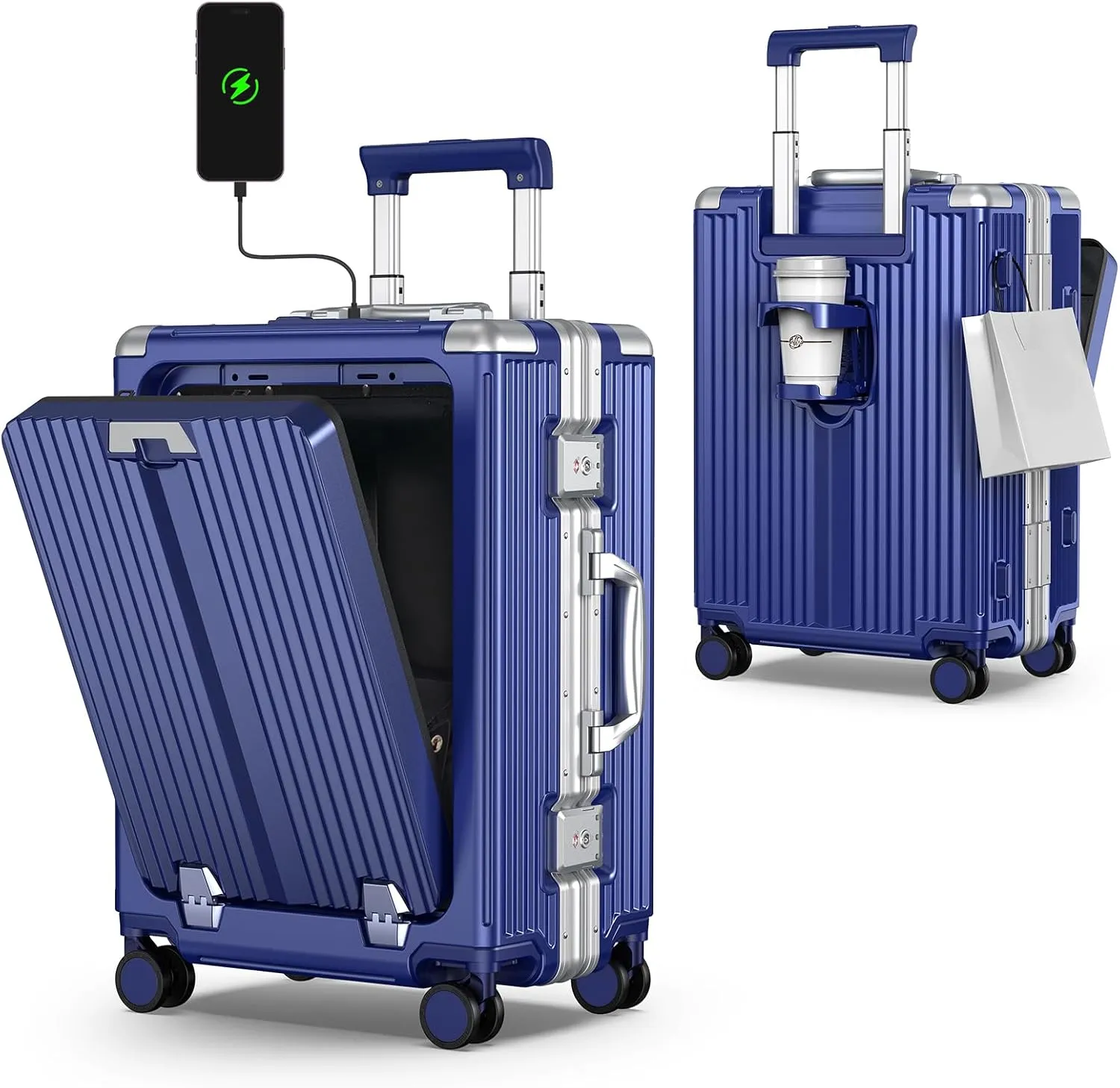 Portable Carry on Luggage Airline Approved, Expandable Luggage with Wheels for Trips, Practical Suitcase with Front Pocket ＆ USB Port.(01-Blue)
