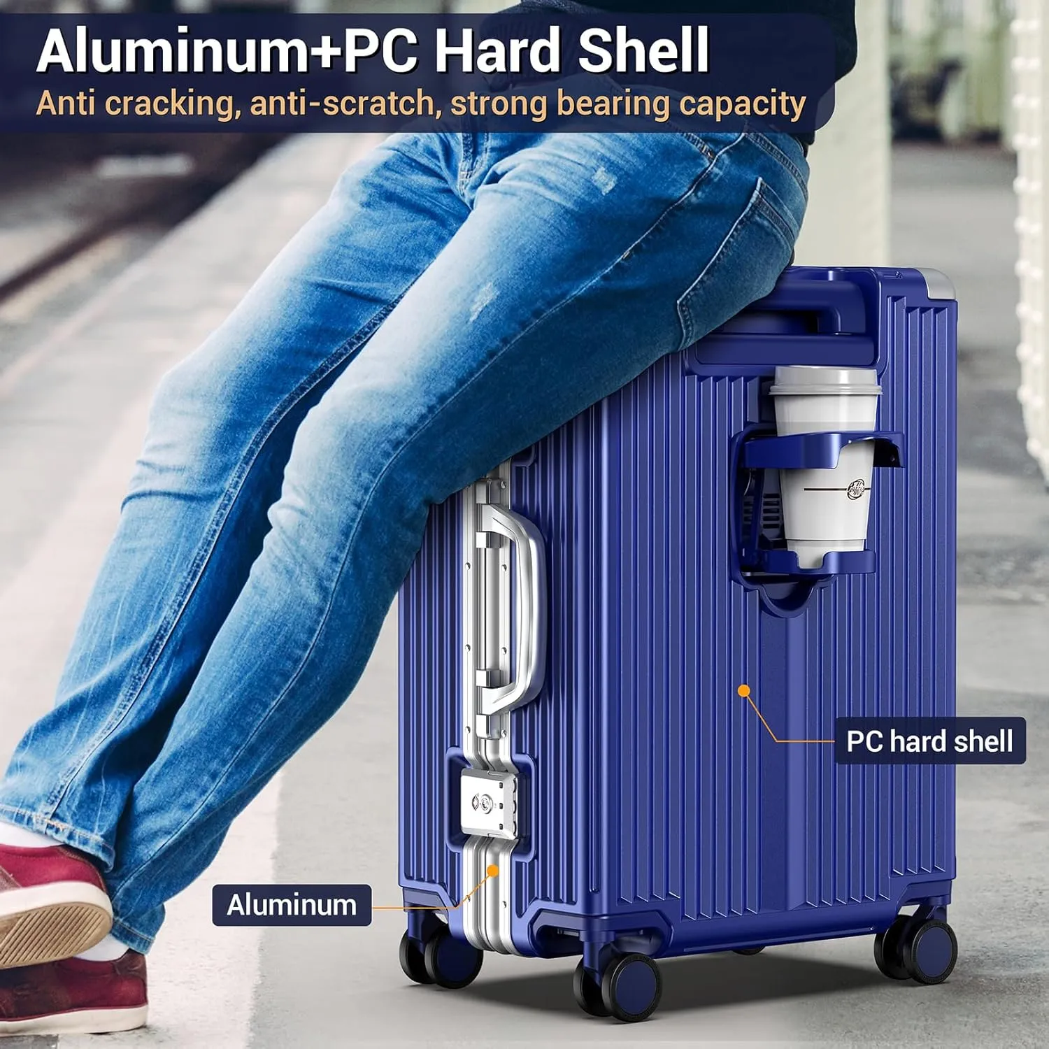Portable Carry on Luggage Airline Approved, Expandable Luggage with Wheels for Trips, Practical Suitcase with Front Pocket ＆ USB Port.(01-Blue)