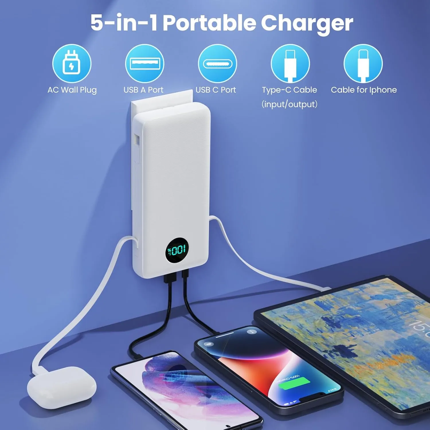 Portable Charger 33800mAh USB C Power Bank with Built-in Cables & AC Wall Plug,25W Fast Charging QC 4.0 Phone Charger,4 Output LCD Display Battery Pack Compatible with iPhone16/15,Samsung,Android etc