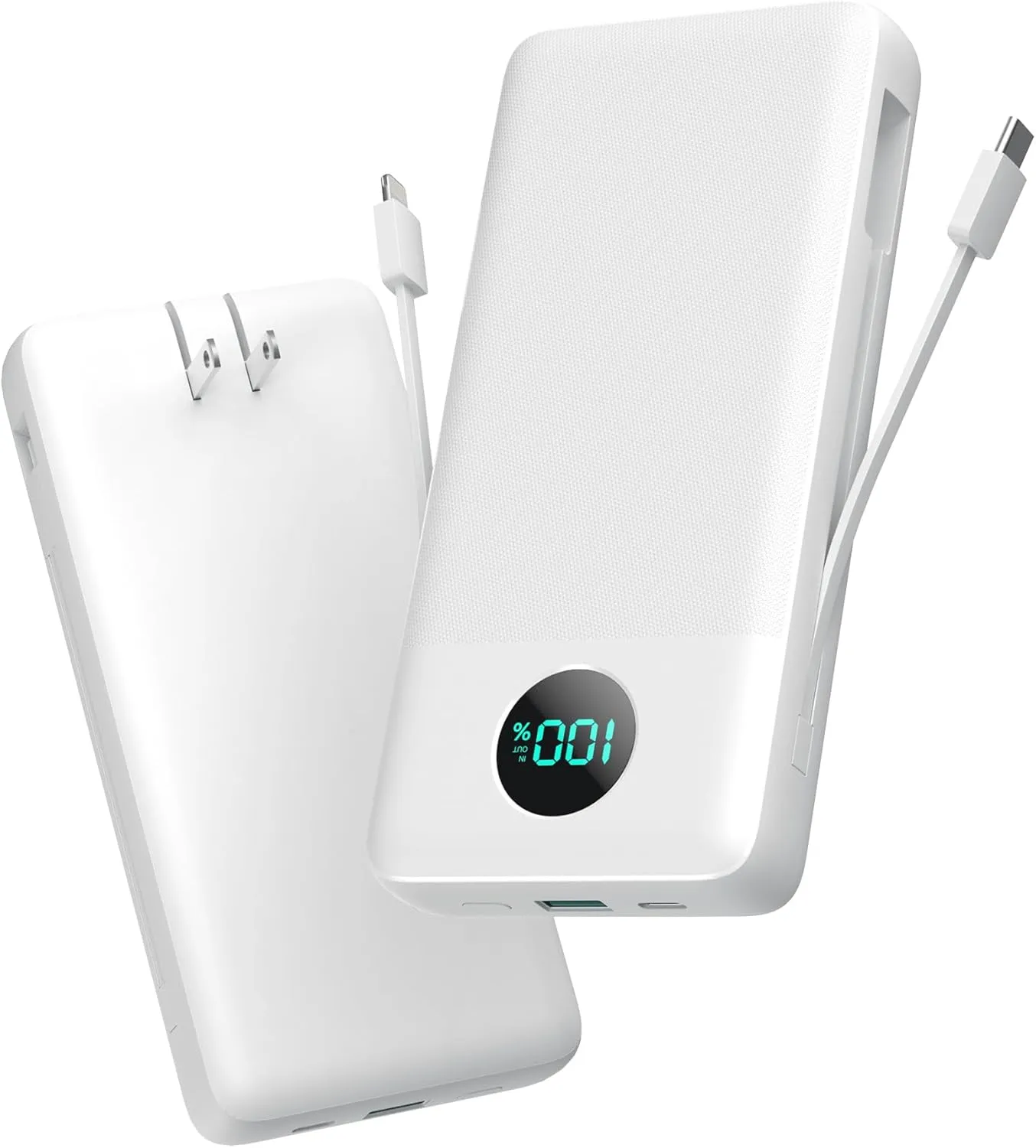 Portable Charger 33800mAh USB C Power Bank with Built-in Cables & AC Wall Plug,25W Fast Charging QC 4.0 Phone Charger,4 Output LCD Display Battery Pack Compatible with iPhone16/15,Samsung,Android etc