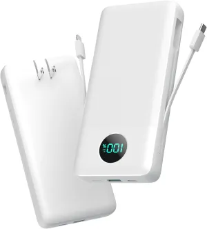 Portable Charger 33800mAh USB C Power Bank with Built-in Cables & AC Wall Plug,25W Fast Charging QC 4.0 Phone Charger,4 Output LCD Display Battery Pack Compatible with iPhone16/15,Samsung,Android etc