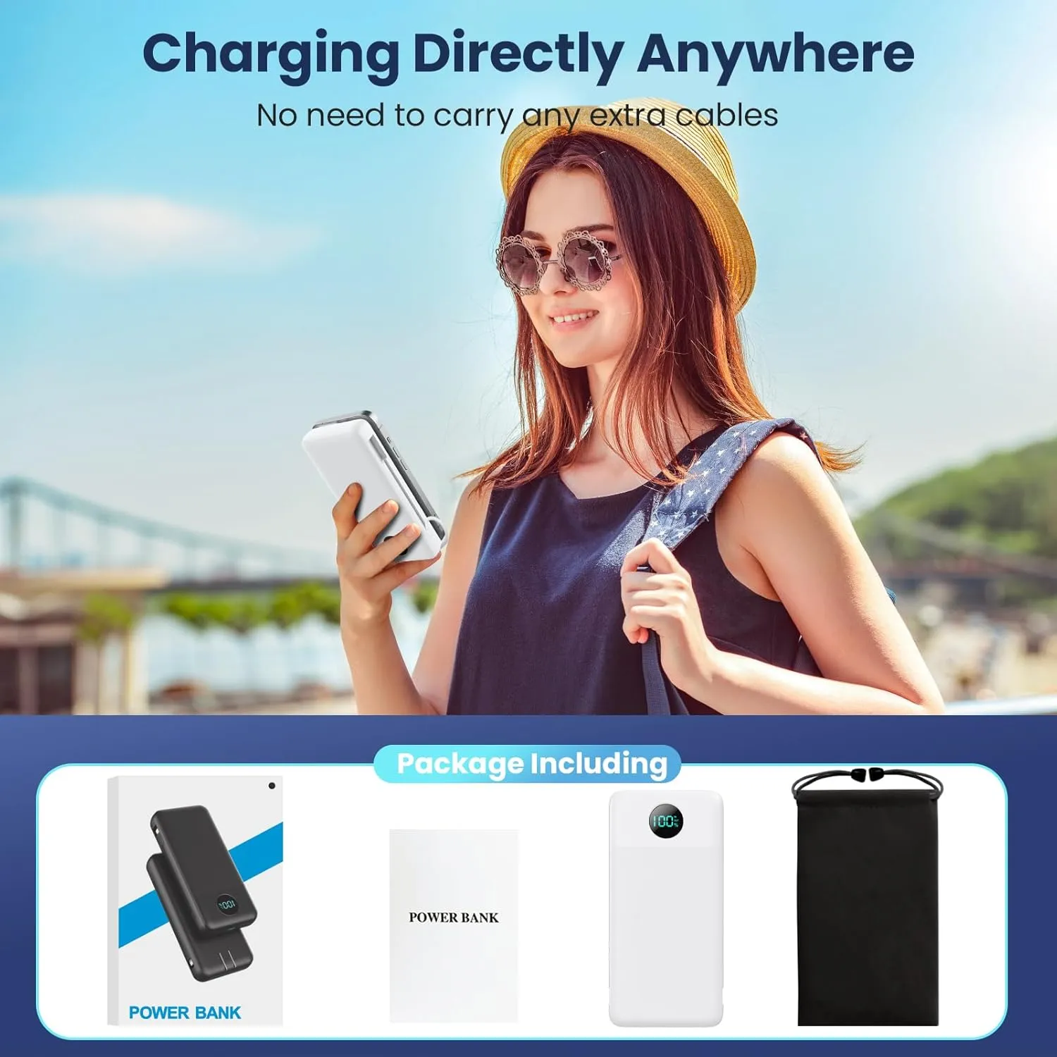 Portable Charger 33800mAh USB C Power Bank with Built-in Cables & AC Wall Plug,25W Fast Charging QC 4.0 Phone Charger,4 Output LCD Display Battery Pack Compatible with iPhone16/15,Samsung,Android etc