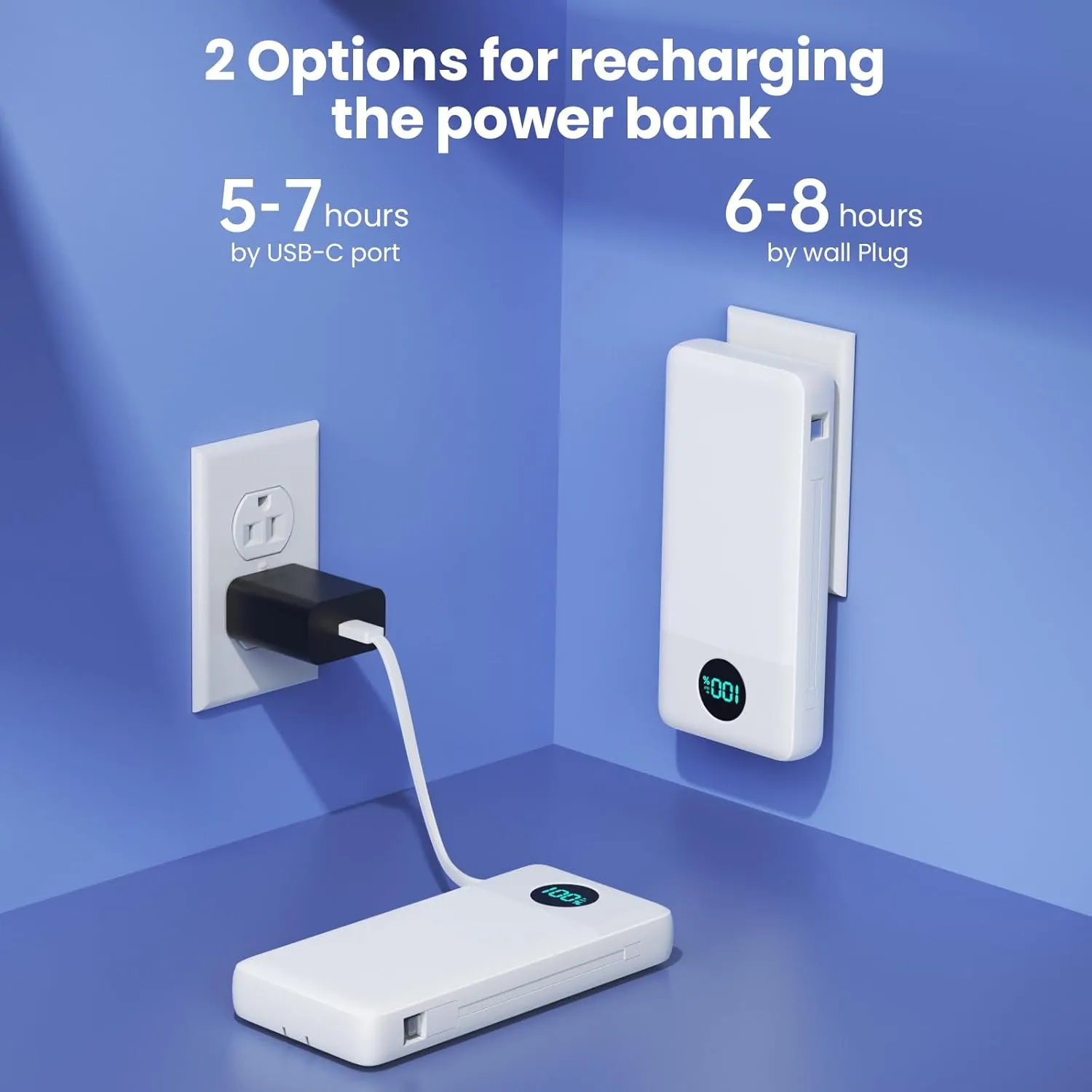 Portable Charger 33800mAh USB C Power Bank with Built-in Cables & AC Wall Plug,25W Fast Charging QC 4.0 Phone Charger,4 Output LCD Display Battery Pack Compatible with iPhone16/15,Samsung,Android etc