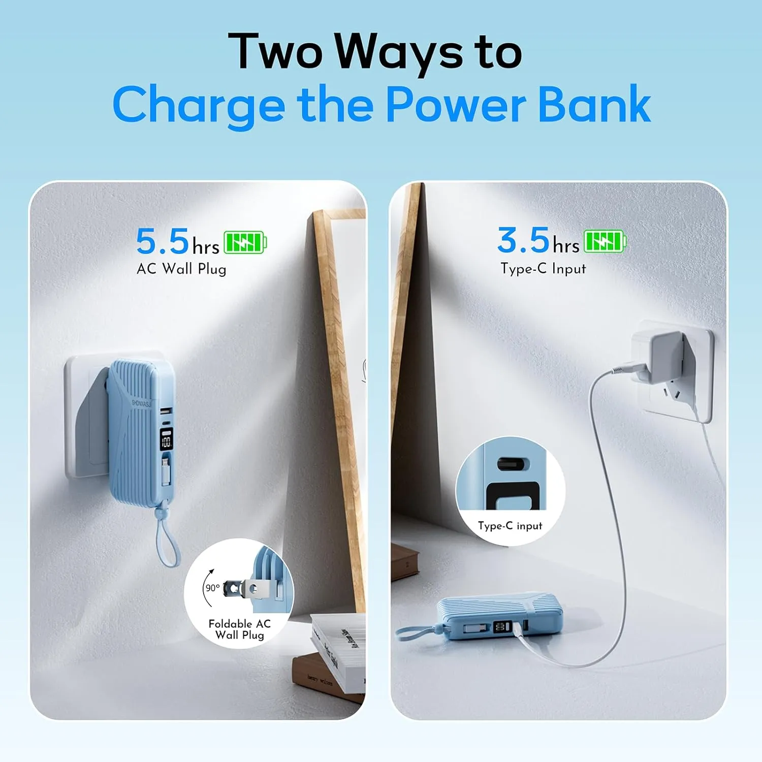 Portable Charger for iPhone Built in Cables and Wall Plug, 10000mah 27W Fast Charging USB C Power Bank, Travel Essential Battery Pack Compatible with iPhones, iPad, Samsung More Devices(BLUE)