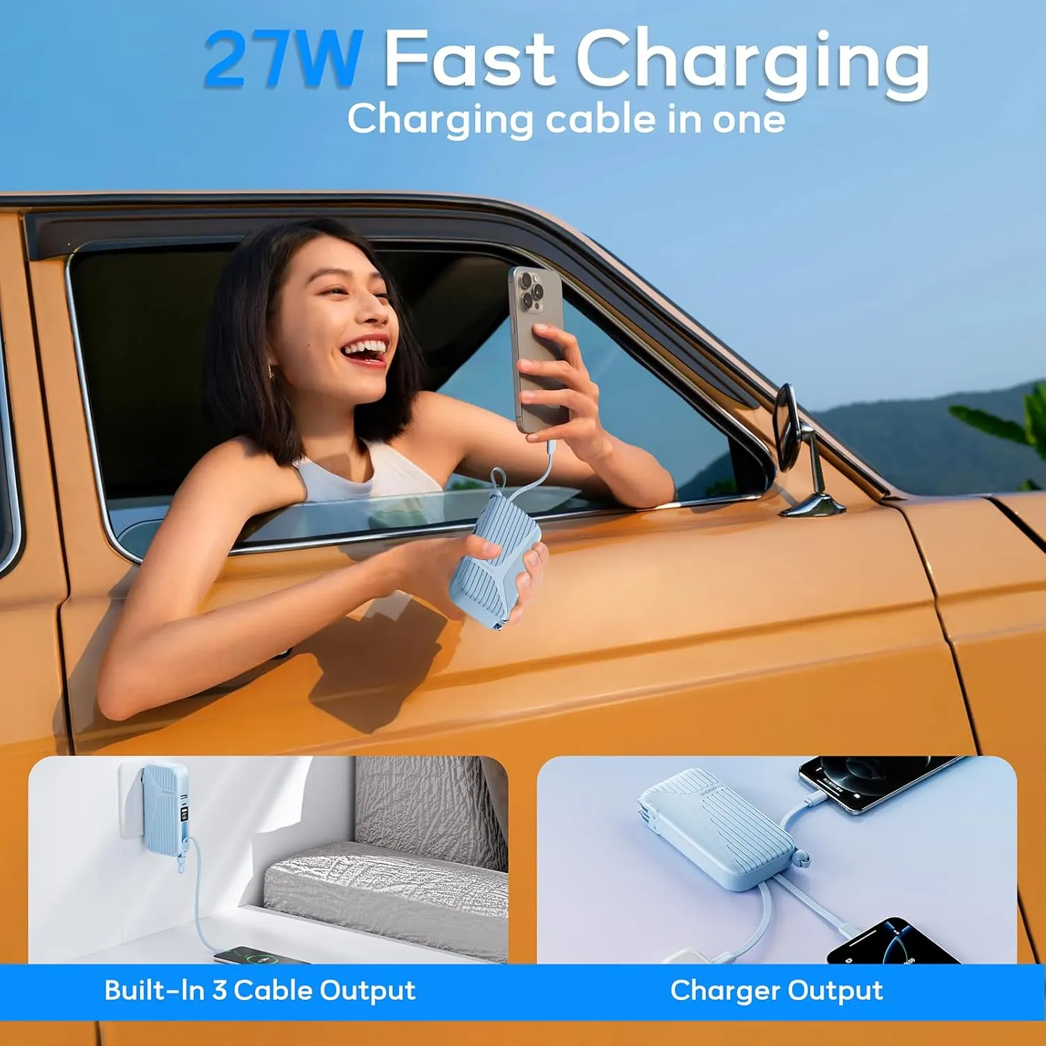 Portable Charger for iPhone Built in Cables and Wall Plug, 10000mah 27W Fast Charging USB C Power Bank, Travel Essential Battery Pack Compatible with iPhones, iPad, Samsung More Devices(BLUE)