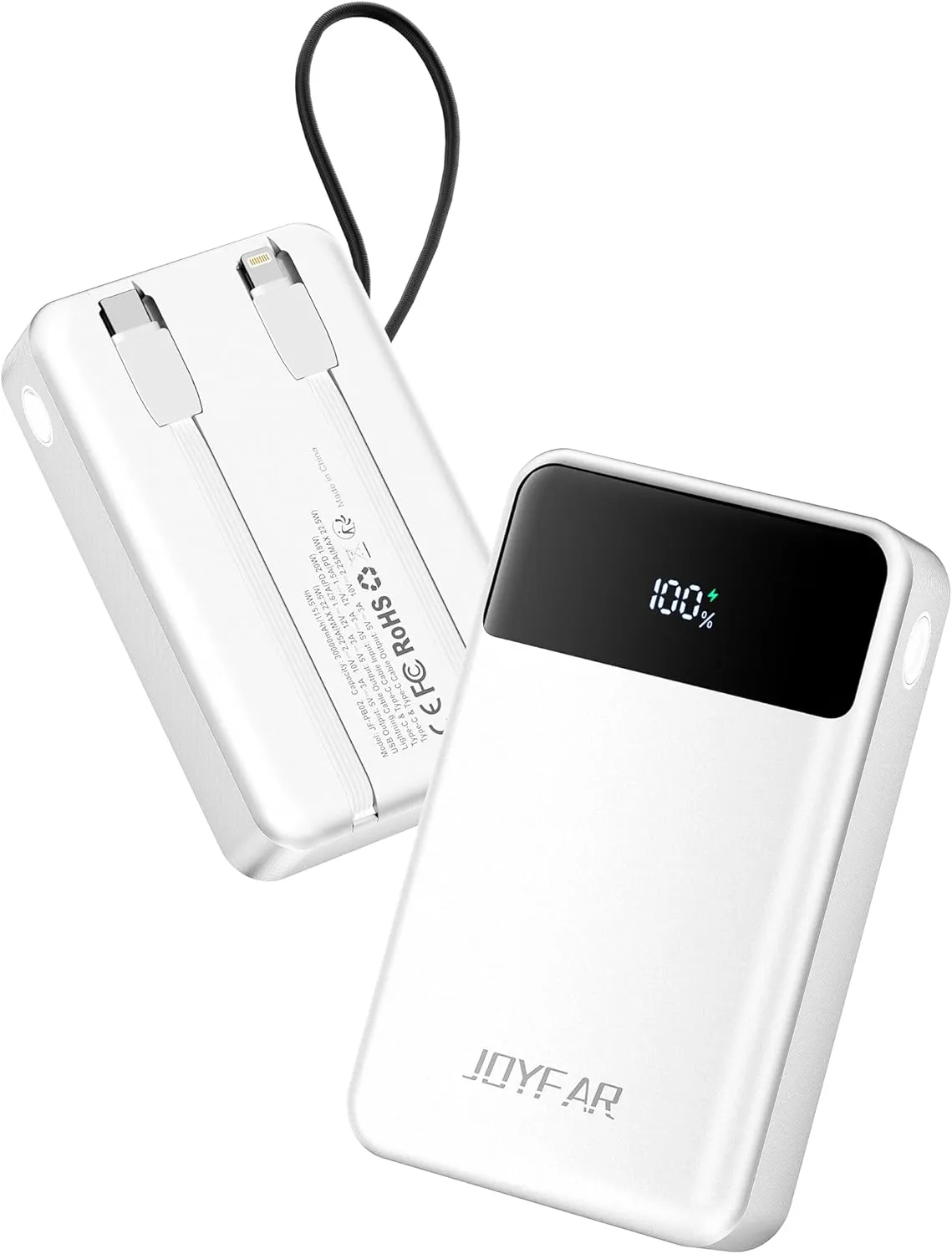 Portable-Charger-Power-Bank Travel Essentials Battery Pack USB C 30000mAh Built in Cable 22.5W Phone Fast Charging Powerbank Compatible with iPhone 16 15 14 13 12 11 iPad Samsung Google (White)