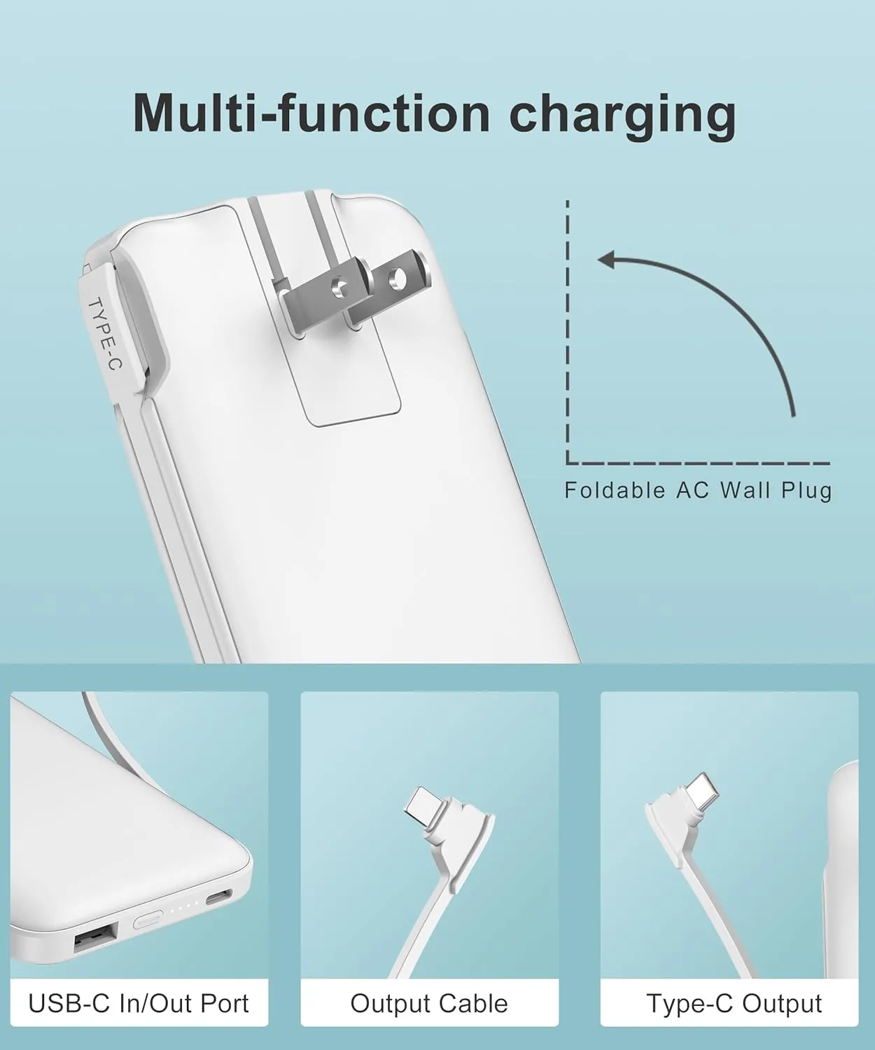 Portable Charger Power Bank with Built-in Cable & AC Plug, 10000mAh Fast USB-C Charger, Slim Mini Battery for iPhone 16/15/14/13/Pro/Max & All USB-C Devices