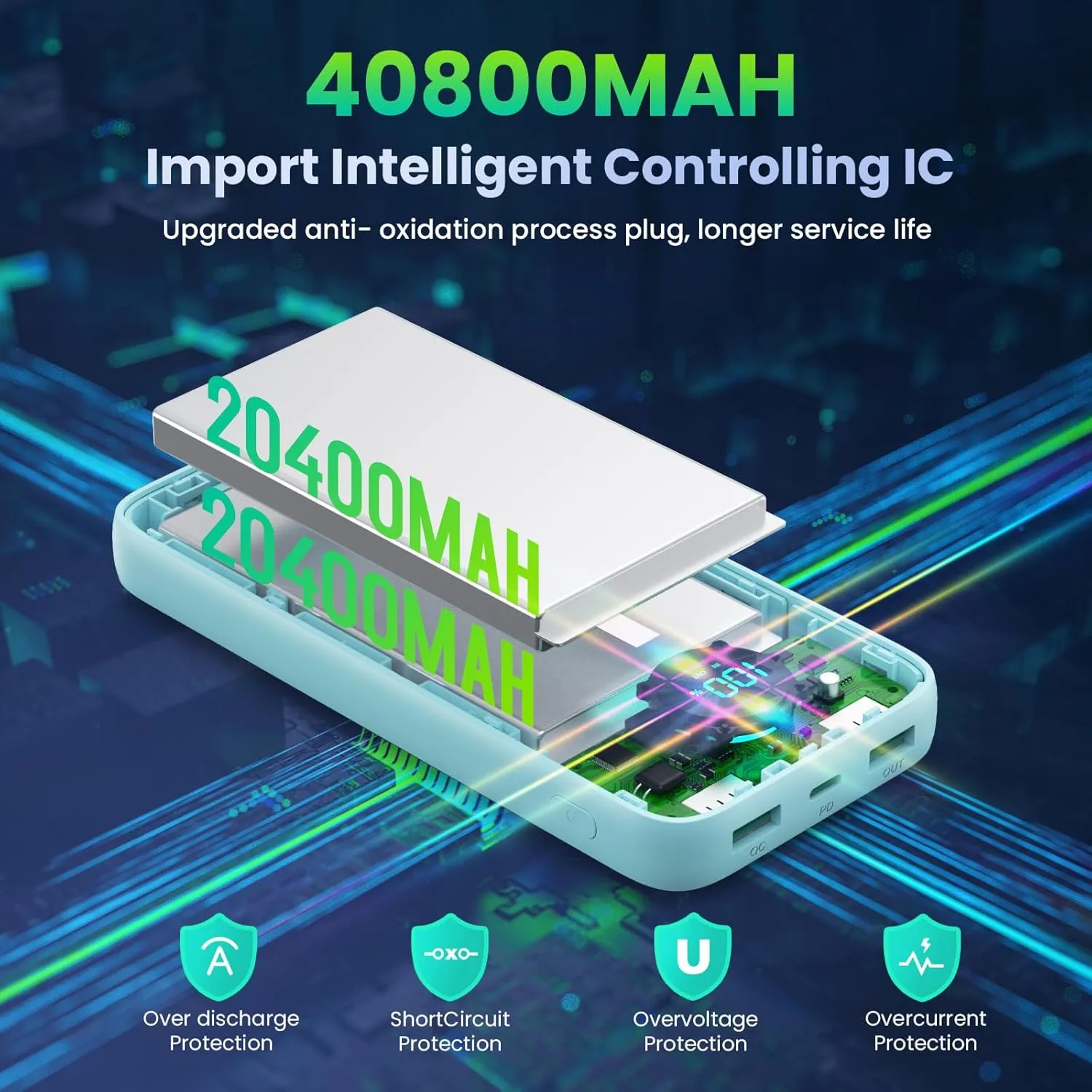 Portable Charger PowerBank 40,800mAh with 2 Built-in Cables,25W PD Fast Charging  QC 4.0 Quick Phone Charging Power Bank, 5 Outputs LCD Display USB C Battery Pack for iPhone 16/15 Android Galaxy etc