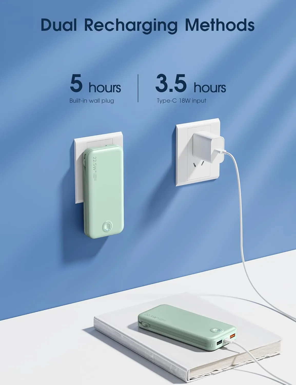 Portable Charger with Built in Cable and AC Wall Plug, USB C Power Bank 12000mAh 22.5W Super Fast Charging, Lightweight Portable Phone Charger Travel Battery Pack for iPhone, Samsung, Tablets