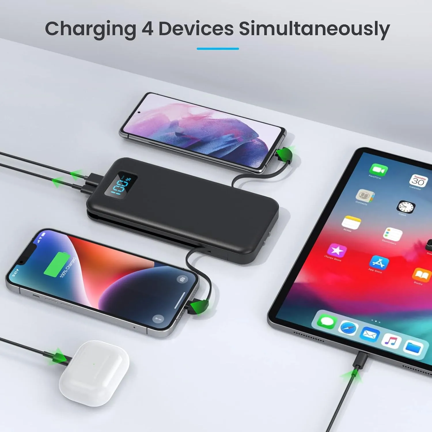 Portable Charger with Built-in Cables & AC Wall Plug,Upgraded 13800mAh USB-C Power Bank, 4 Output LCD Display External Battery Pack Phone Charger Compatible with iPhone 16/15/14/13 Samsung Android etc