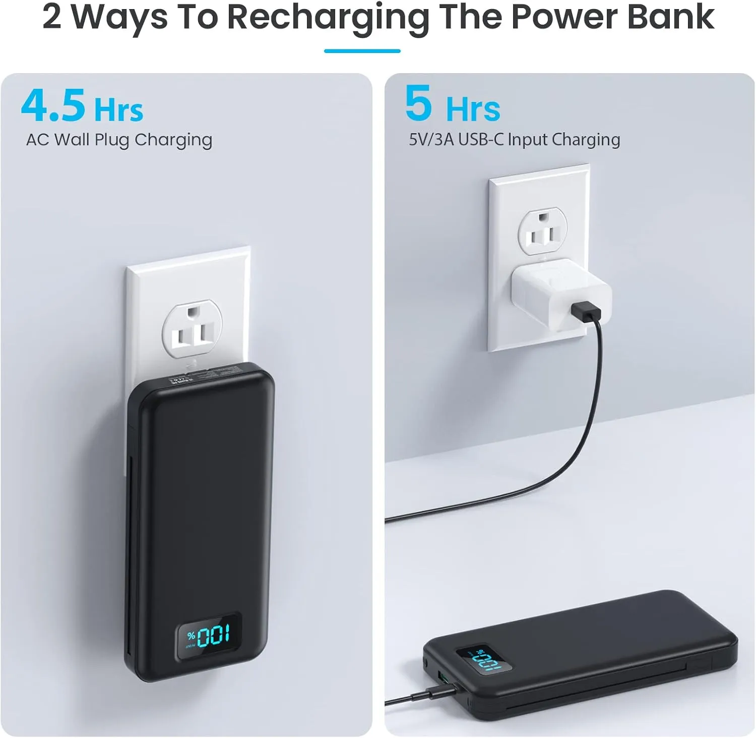 Portable Charger with Built-in Cables & AC Wall Plug,Upgraded 13800mAh USB-C Power Bank, 4 Output LCD Display External Battery Pack Phone Charger Compatible with iPhone 16/15/14/13 Samsung Android etc