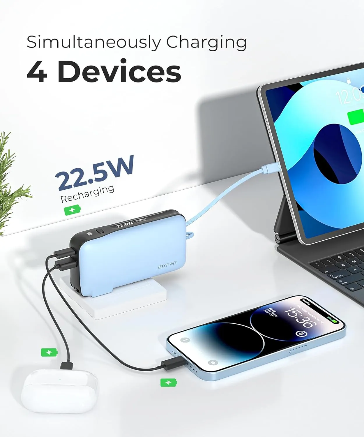 Portable Charger with Built-in USB-C Cable & Plug, 10,000mAh 5V/4.5A Power Bank Fast Charging 22.5W, Travel Essential Battery Pack 3 Output for iPhone 16/15 Series, Samsung Galaxy, iPad, 1 Pack