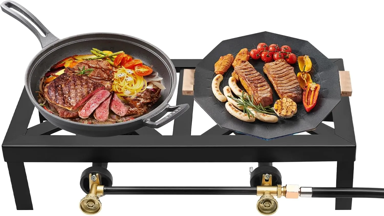 Portable Double Burner Gas Stove Gas Cooker, Double Burner Angle Iron Camp Stove with Adjustable 0-10PSI Regulator Hose, for Patio Camping, BBQ, Home Brewing, Turkey Fry, Maple Syrup Prep