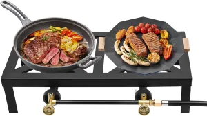 Portable Double Burner Gas Stove Gas Cooker, Double Burner Angle Iron Camp Stove with Adjustable 0-10PSI Regulator Hose, for Patio Camping, BBQ, Home Brewing, Turkey Fry, Maple Syrup Prep