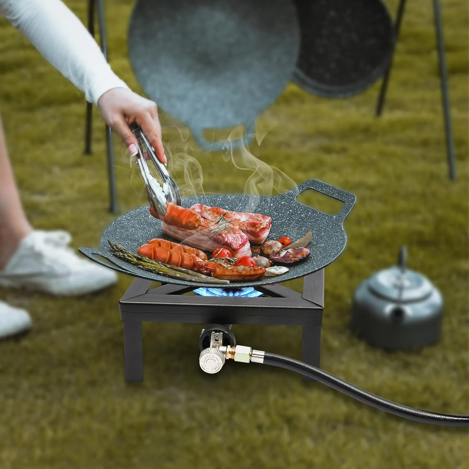 Portable Double Burner Outdoor Gas Stove Propane Cooker with Adjustable 0-20Psi Regulator Hose,Camping Single Burner Stove,for Patio Camping, BBQ, Home Brewing, Turkey Fry (Black, single)