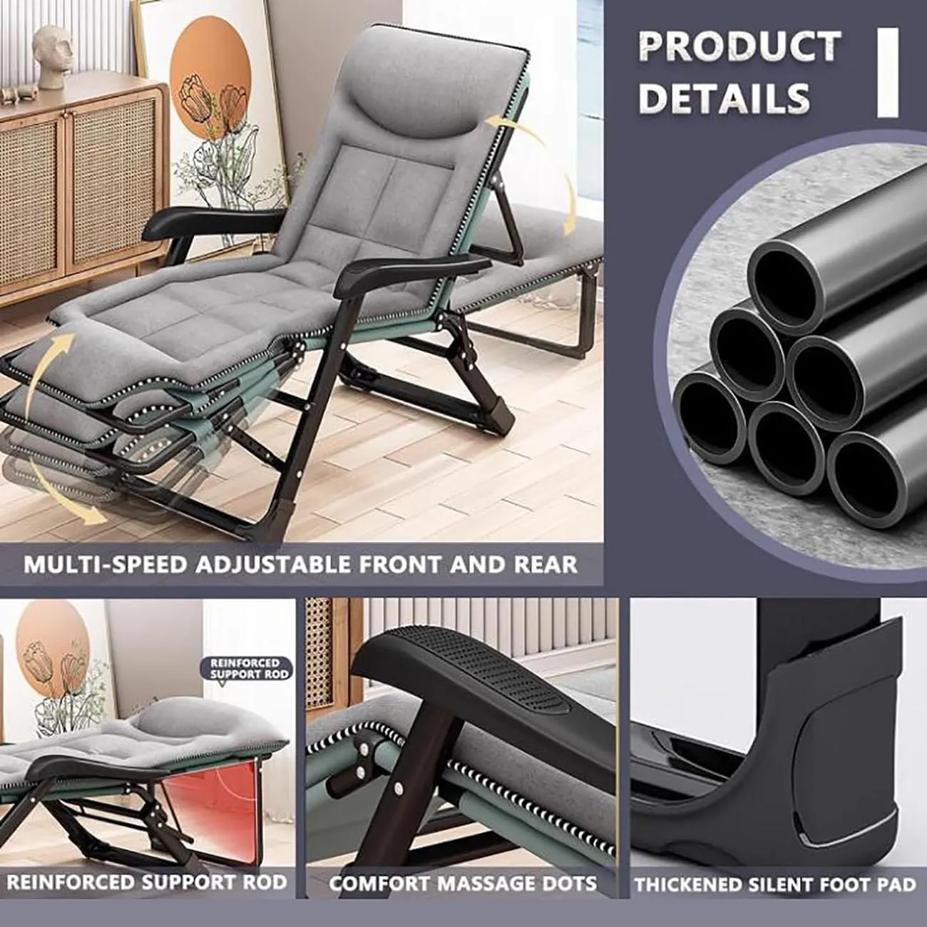 Portable Folding Sun Lounger,Deck Chairs for Adults/Garden Recliner,Reclining Camping Chairs 300KG,7 Gear Adjustable Lounge Chair,3D Memory Anheadrest and Massage Armrest Grey,180X30X55cm